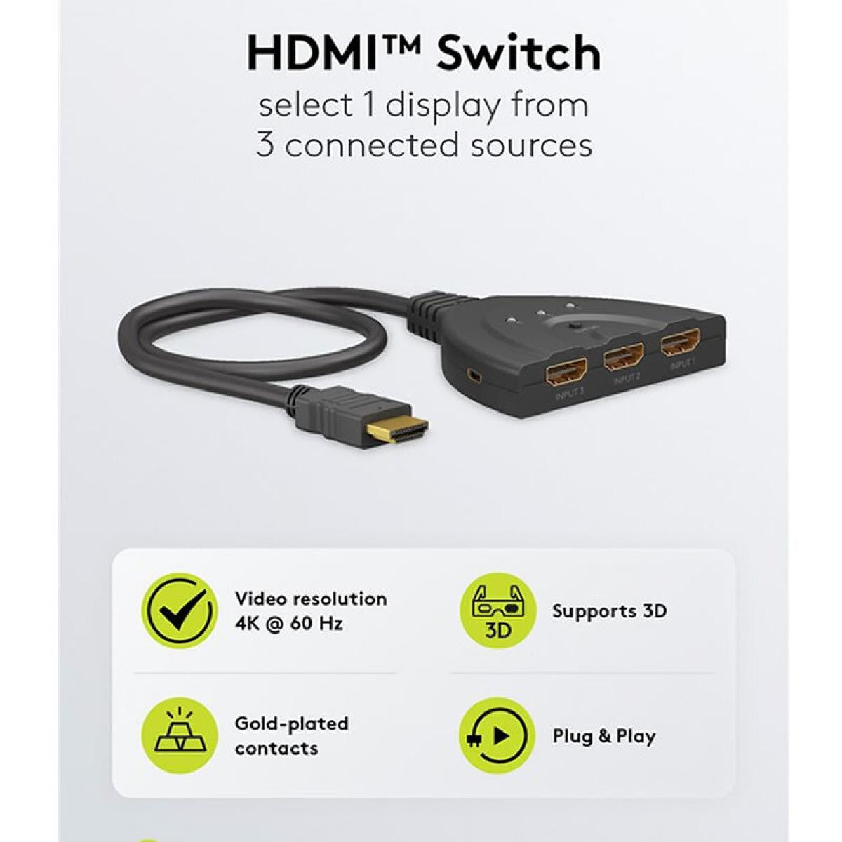 HDMI™ 3 to 1 manual switch with 4K resolution at 60 Hz, 0.55 m long, black