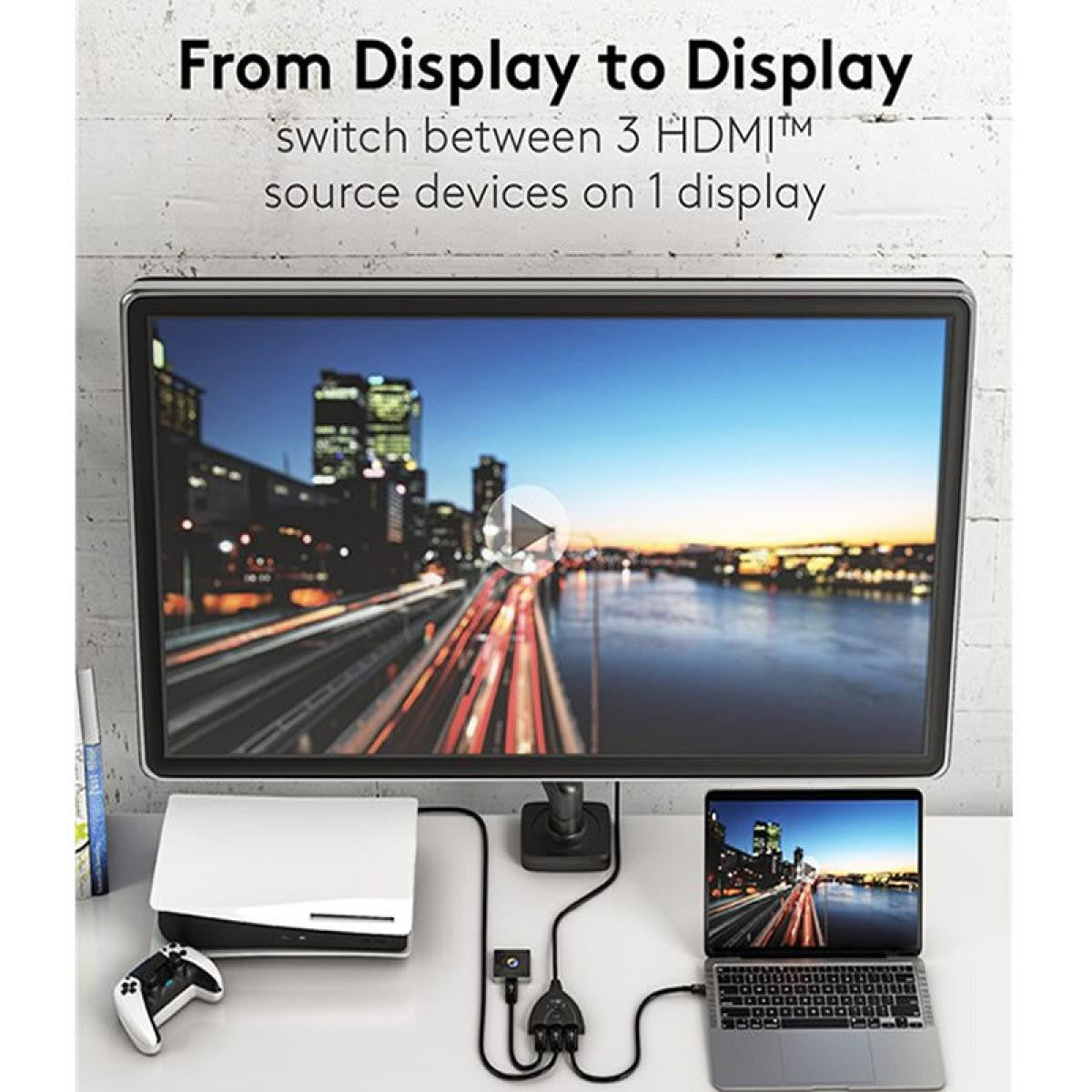 HDMI™ 3 to 1 manual switch with 4K resolution at 60 Hz, 0.55 m long, black