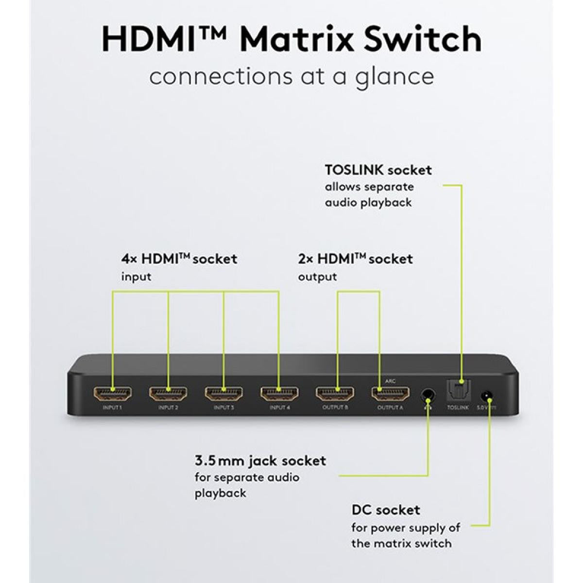 Matriz de comutação HDMI™ 4 para 2, 4K 60Hz, preta