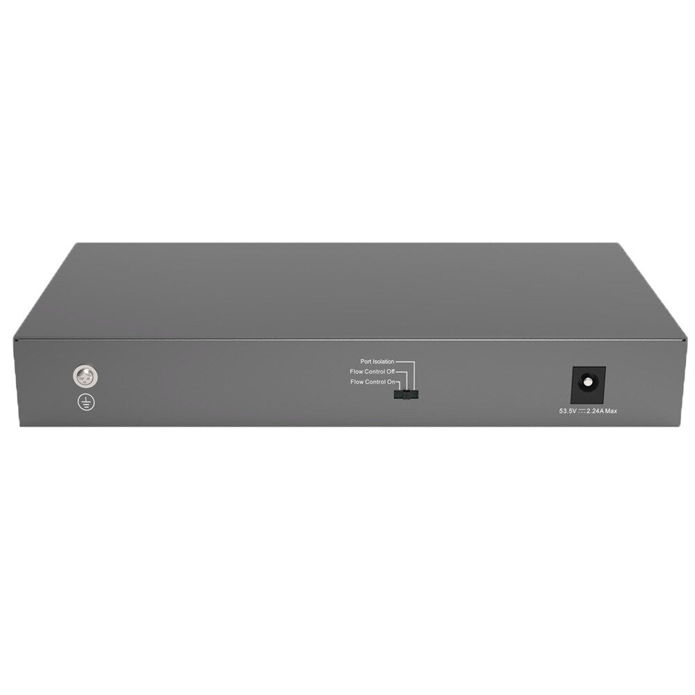 Switch de secretária Reyee PoE de 100 W com 8 portas RJ45 10/100 Mbps + 2 portas de uplink Gigabit e caixa metálica.