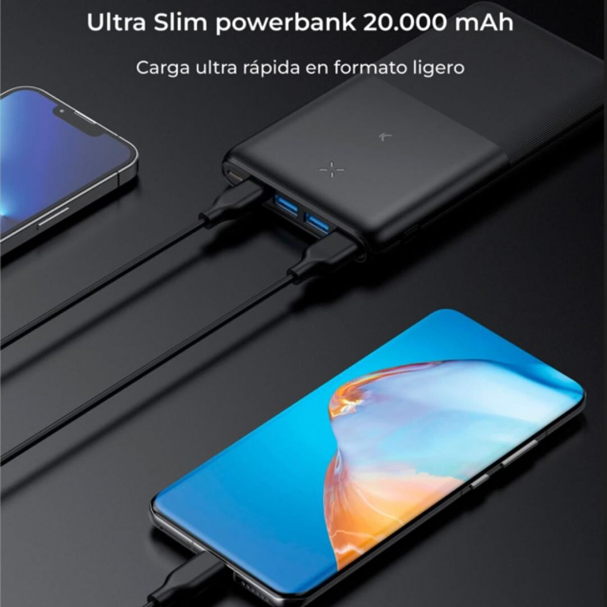 KSIX Ultra Thin Powerbank | Lithium polymer | 20,000 mAh | 22.5W | Power Delivery | USB-C to USB-C cable included - Black