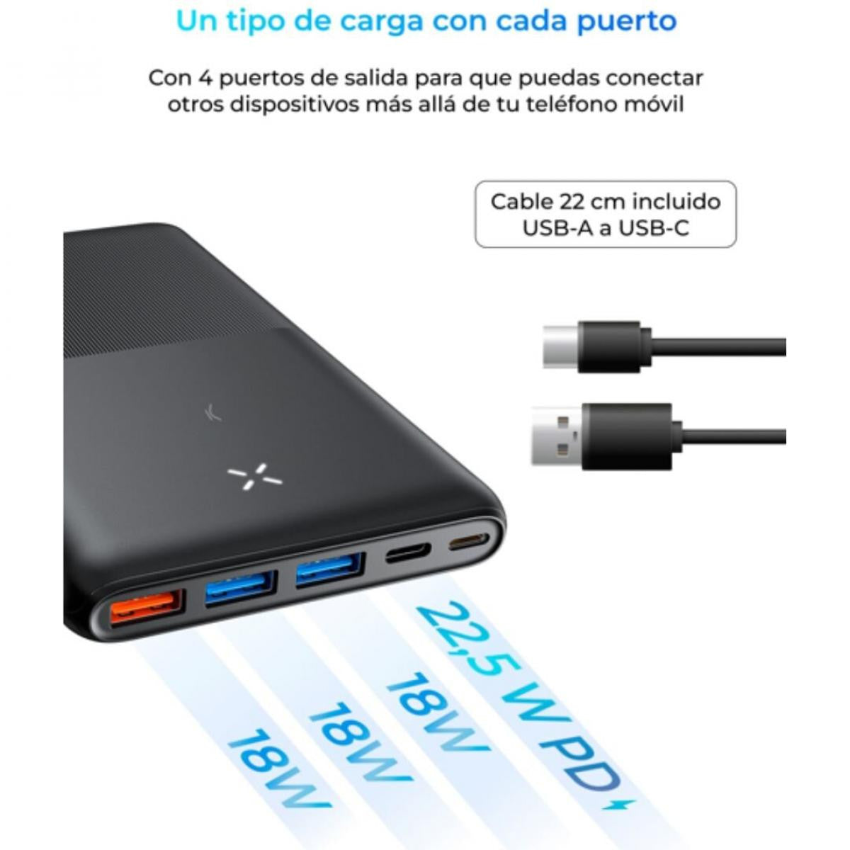 KSIX Ultra Thin Powerbank | Lithium polymer | 20,000 mAh | 22.5W | Power Delivery | USB-C to USB-C cable included - Black