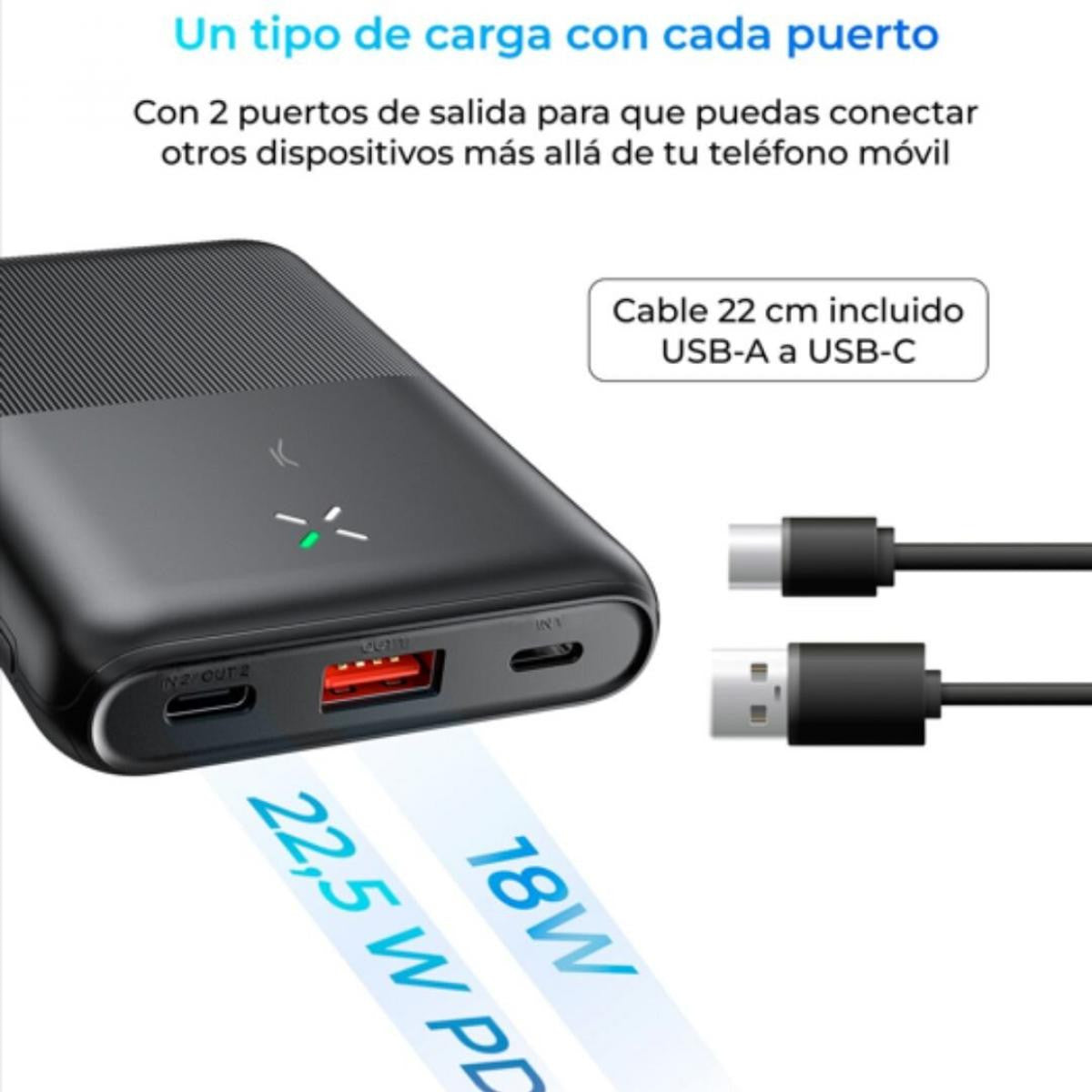 KSIX Ultra Thin Powerbank | Lithium polymer | 10,000 mAh | 22.5W | Power Delivery | USB-C to USB-C cable included - Black