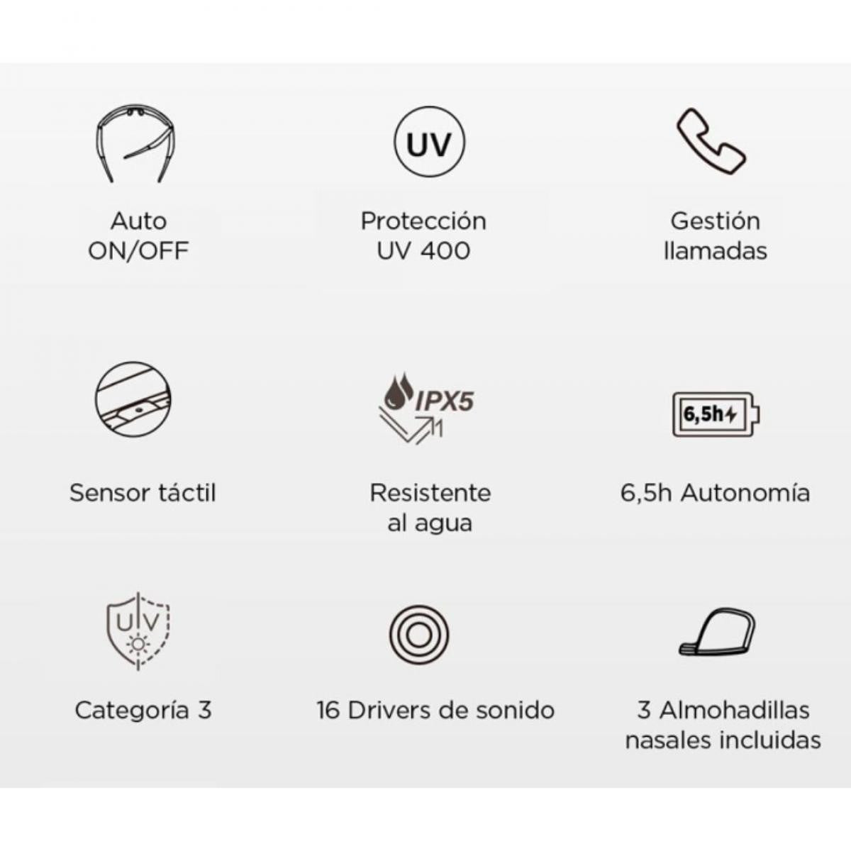 Óculos inteligentes KSIX Phoenix | Música + Microfone duplo para chamadas | Ecrã sensível ao toque | 6,5 horas de autonomia da bateria | Proteção UV400 | 2 lentes | Resistente à água (IP)