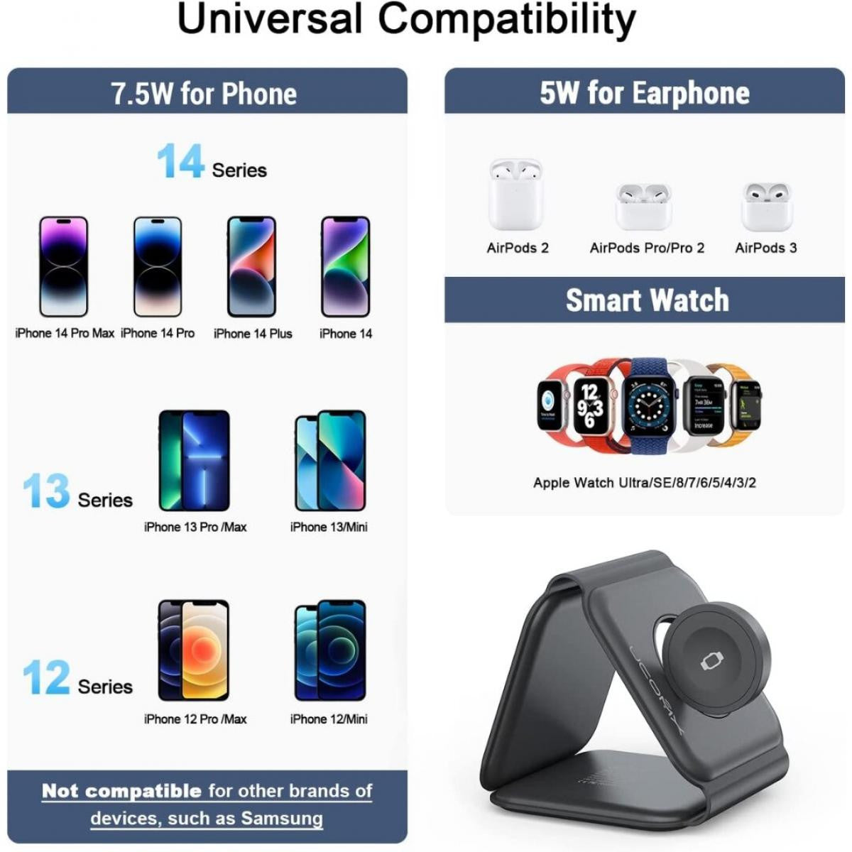 Carregador sem fios 3 em 1 para iPhone, estação de carregamento magnética dobrável 3 em 1 | Preto