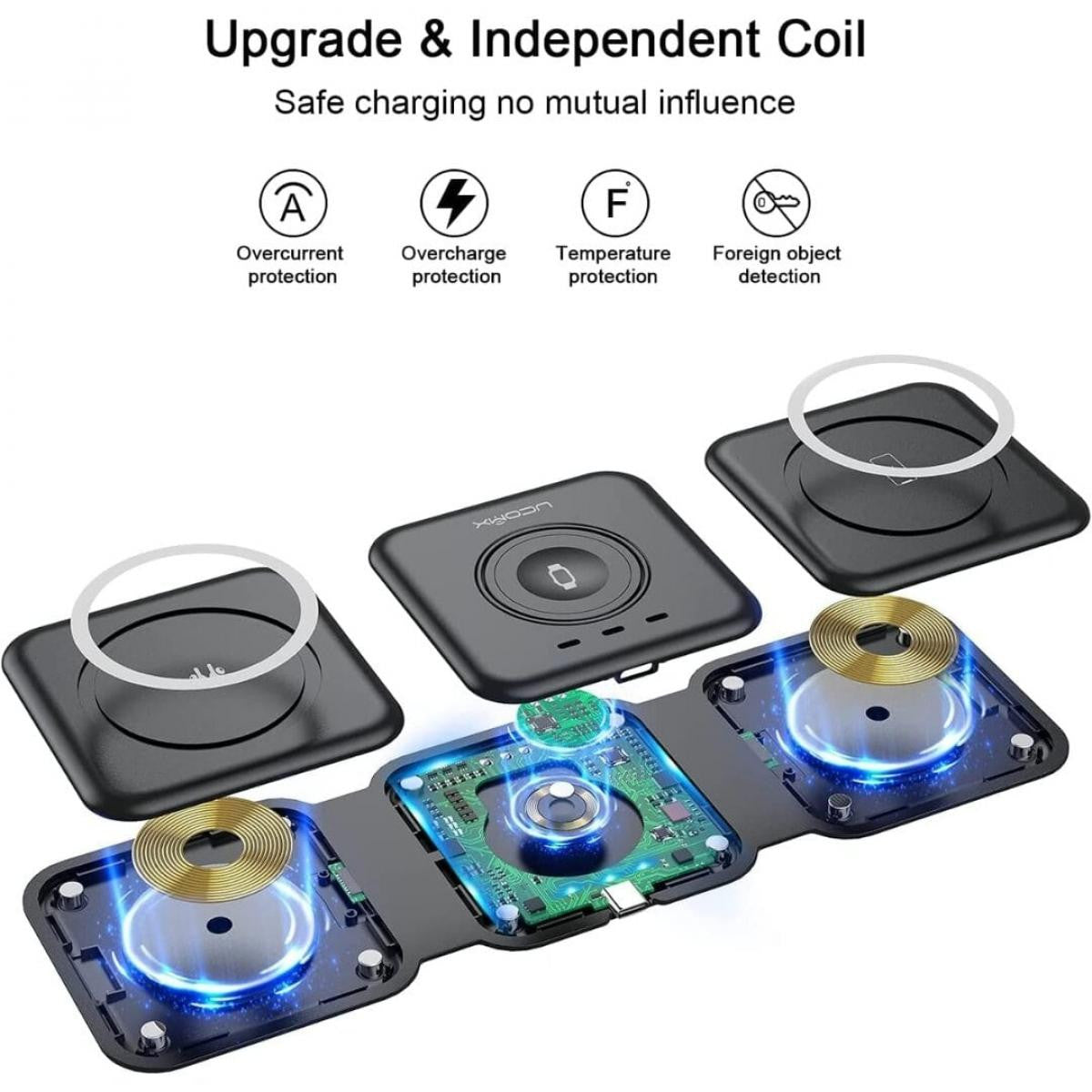 Carregador sem fios 3 em 1 para iPhone, estação de carregamento magnética dobrável 3 em 1 | Preto