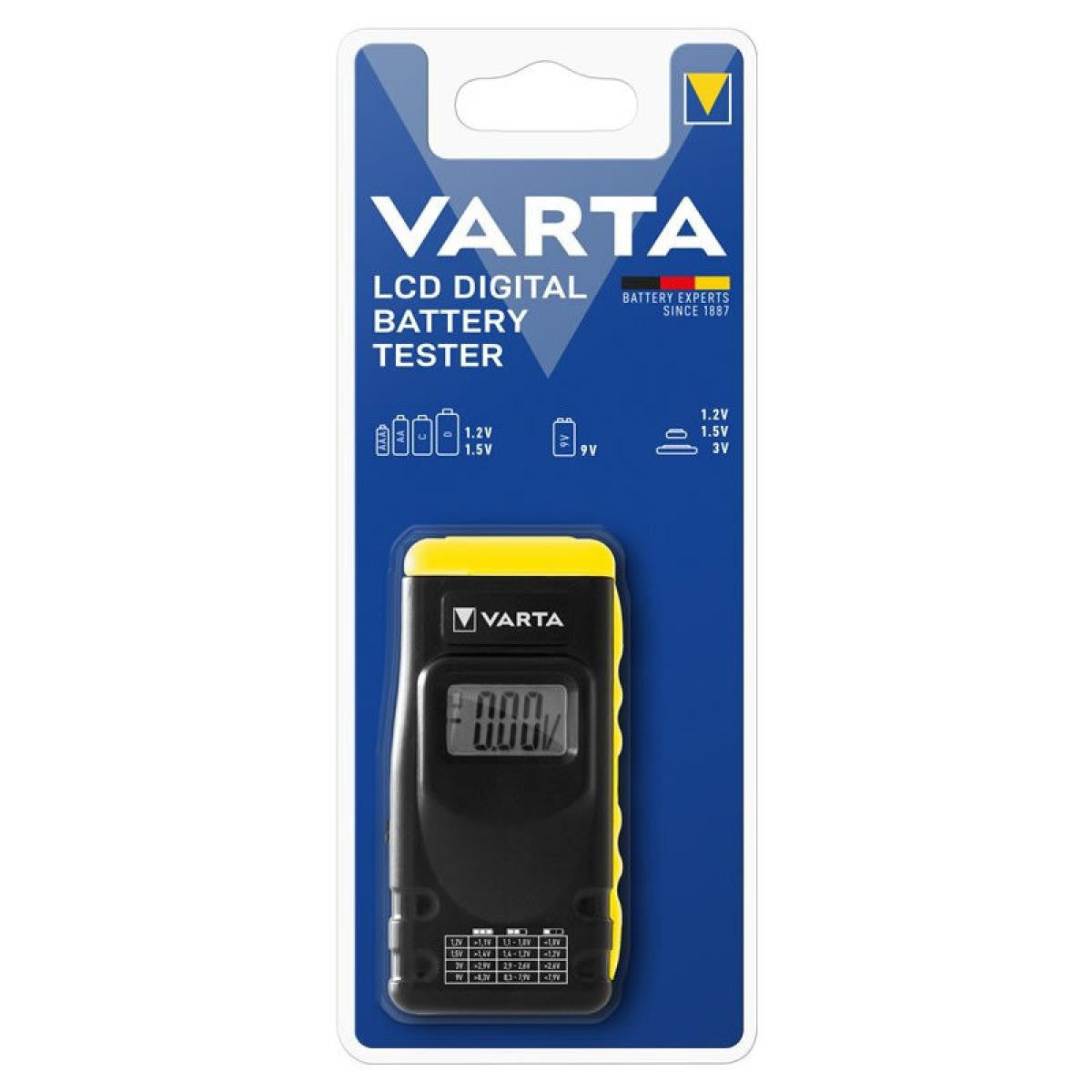 VARTA Digital LCD Battery Tester Multimeter for Disposable, Electronic Rechargeable and Button Cell Batteries | AA, AAA, C, D, 9V