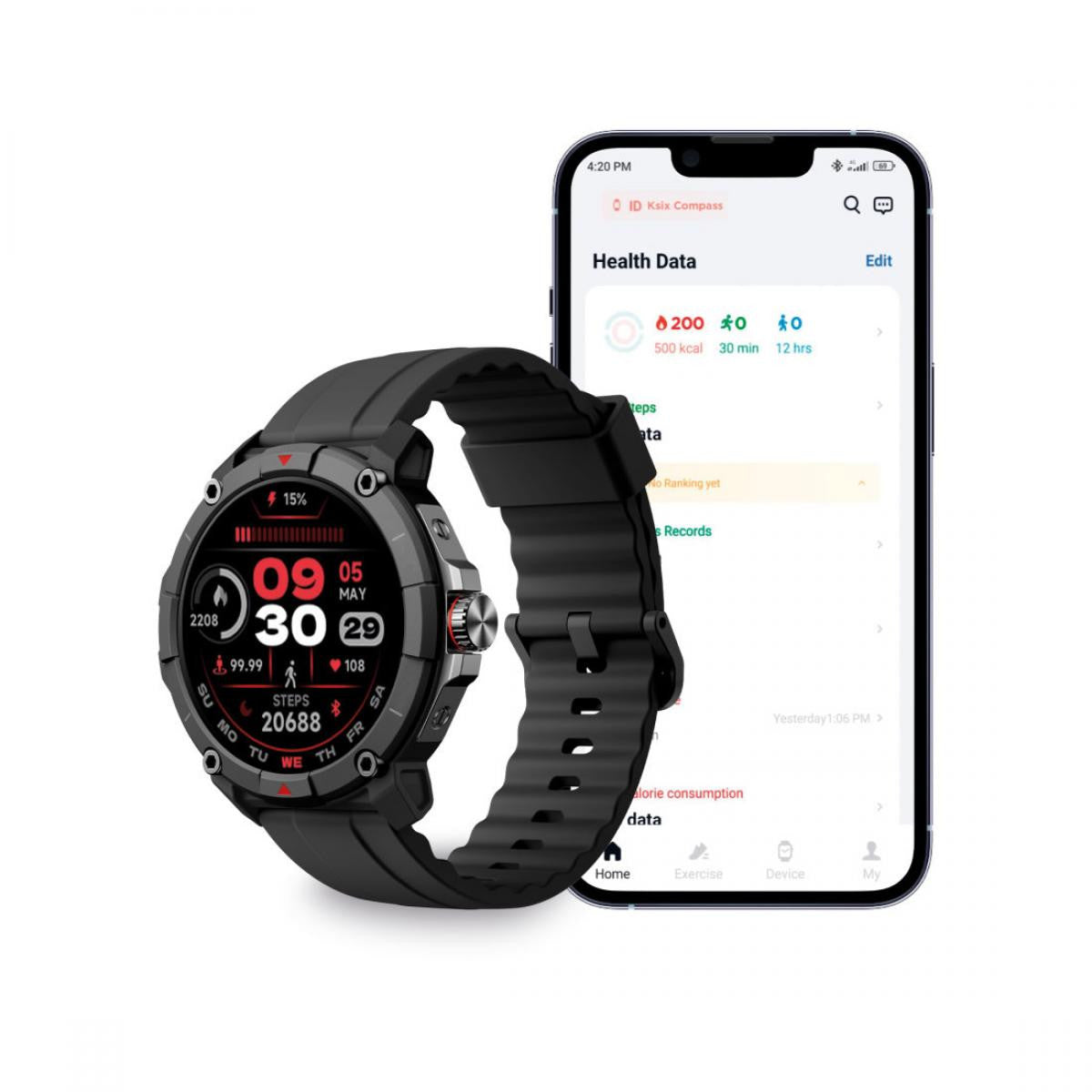 KSIX Smartwatch - GPS - Sport and health mode - Voice assistant - 1.38 screen - Auto. 7 days - Submersible, Black