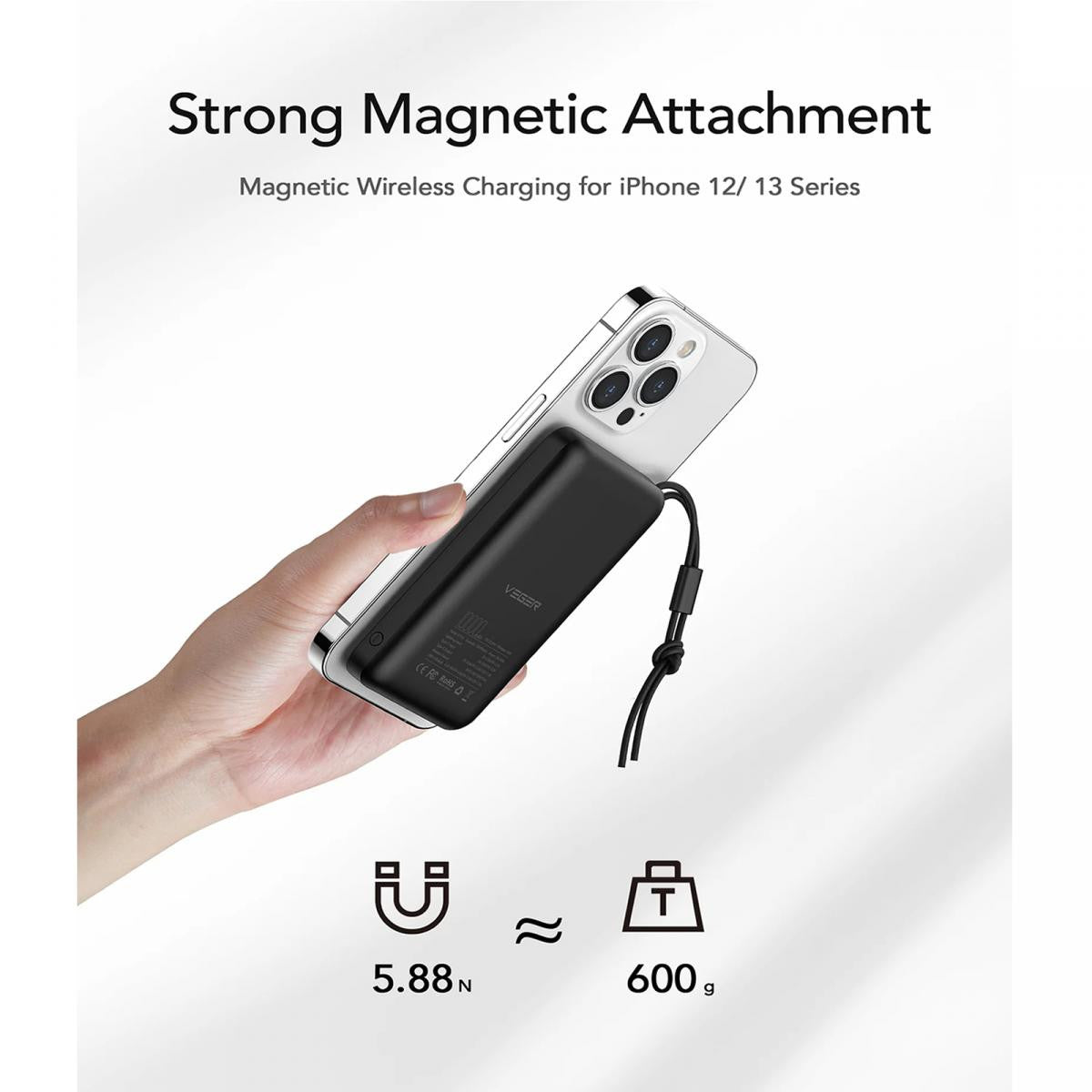 VEGER magnetic powerbank for mobile phones with USB-C, Lightning/ USB-A, C and Wireless connectors.
