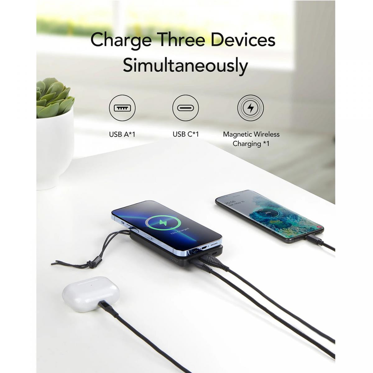 VEGER magnetic powerbank for mobile phones with USB-C, Lightning/ USB-A, C and Wireless connectors.