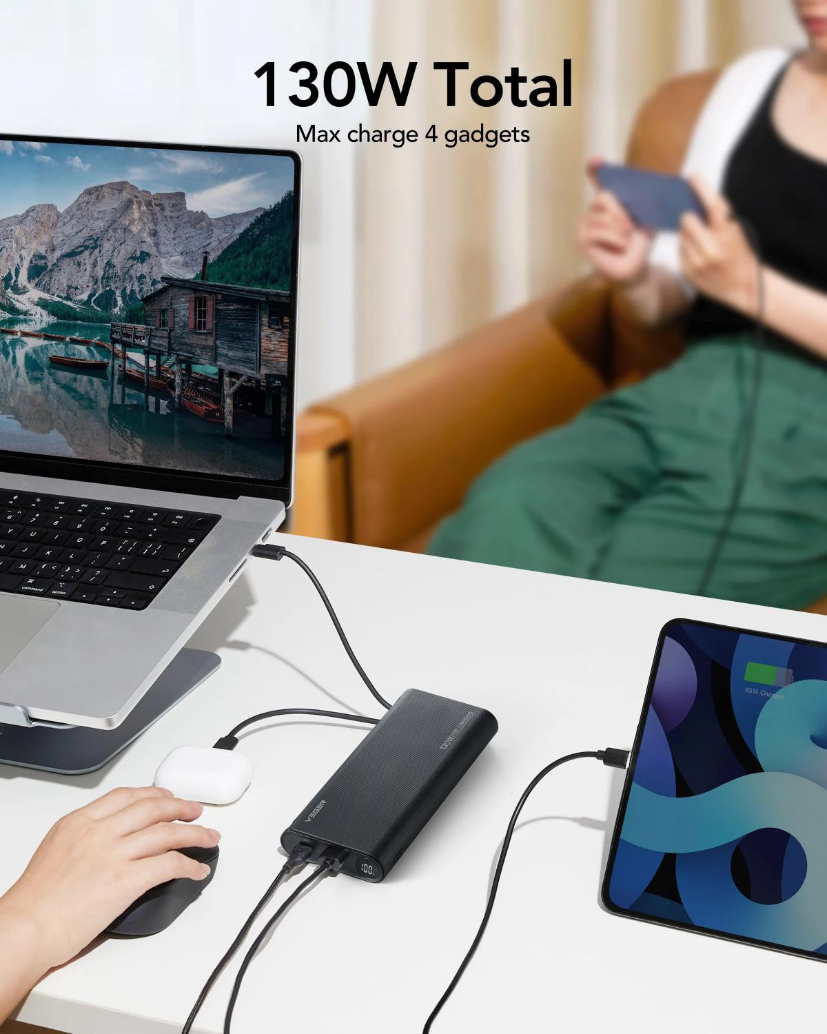 VEGER Power Bank - 25000mAh - para telemóveis e computadores portáteis - Conectores Lightning/USB-A, USB-C - Carregamento rápido de 130 W para computadores portáteis