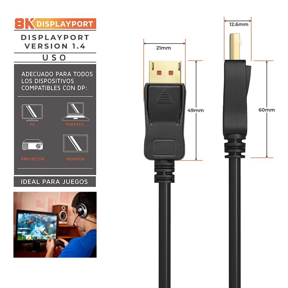 Cable Displayport v1.4 de | 8K@30hz | 5K@60hz | 4K@120hz | Compatible Hdcp 2.2 | 3D y HDR Dinámico - De distintas medidas