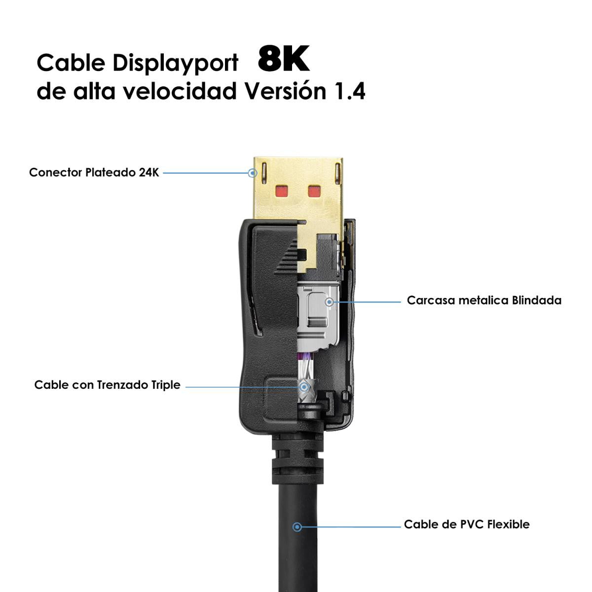 Cable Displayport v1.4 de | 8K@30hz | 5K@60hz | 4K@120hz | Compatible Hdcp 2.2 | 3D y HDR Dinámico - De distintas medidas