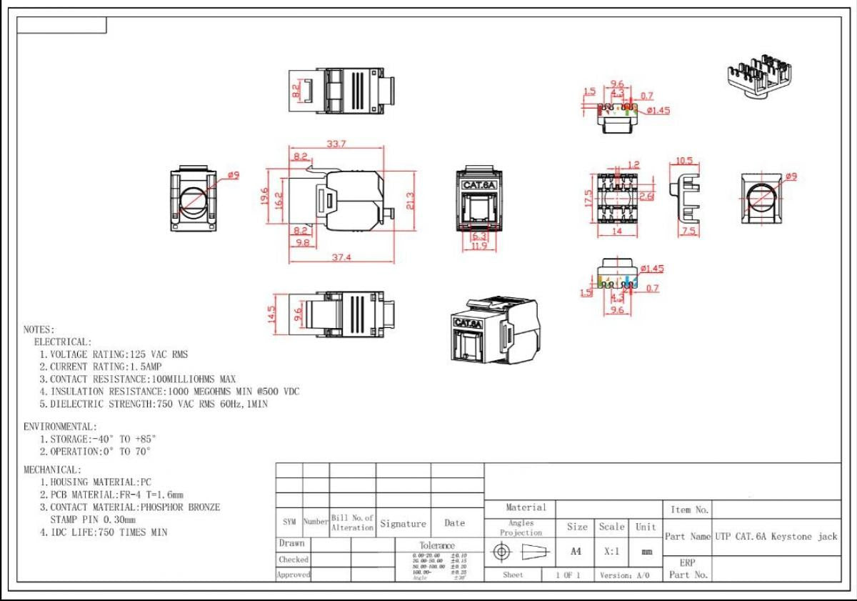 Cabo fêmea Keystone U/UTP Cat.6A com tampa de proteção contra o pó
