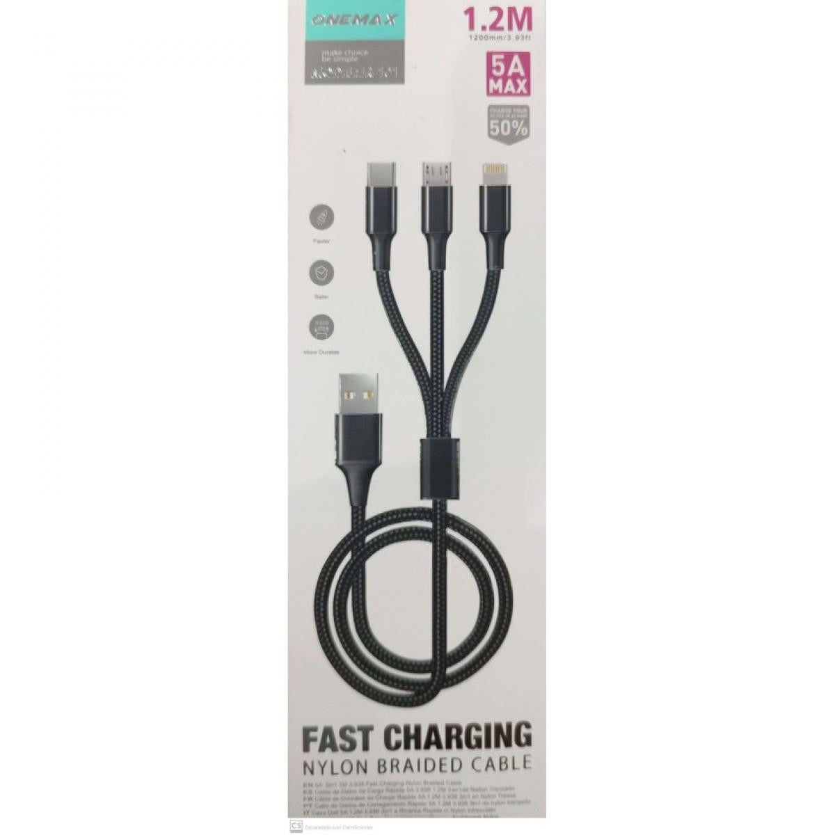 Cable with USB type A connection to THREE OUTPUTS - Type C - Micro USB and Lightning - Black