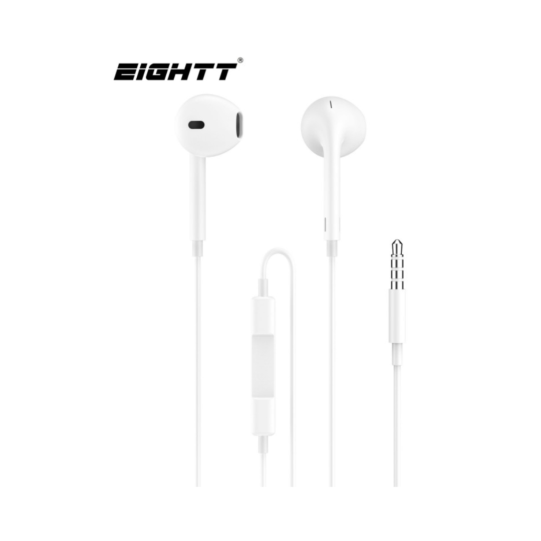 Auscultadores AP brancos com microfone e conector de 3,5 mm.