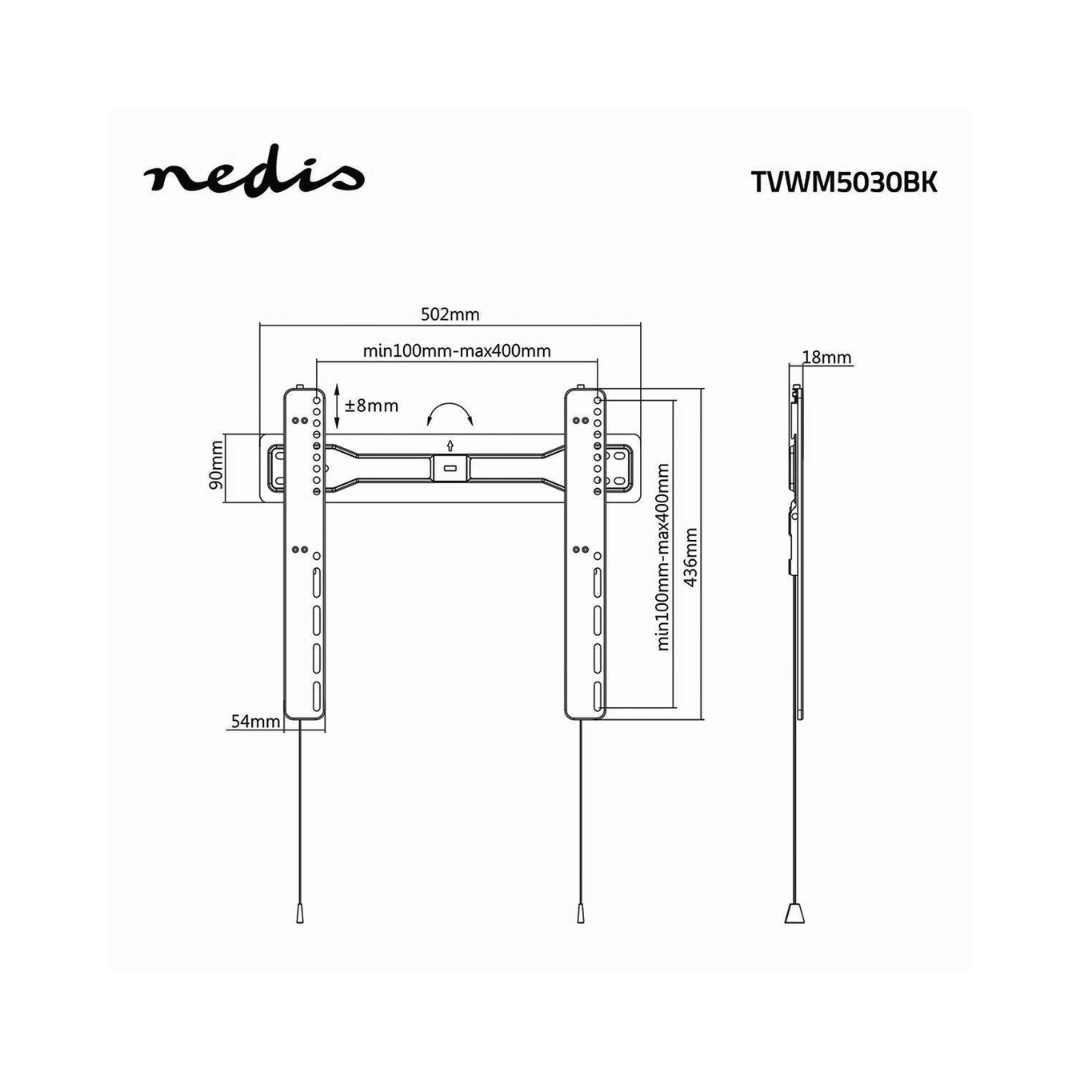 Suporte de parede fixo para televisores de 32 a 55 polegadas. Peso máximo suportado pelo ecrã: 55 kg. Distância mínima da parede: 9 mm. Aço preto.