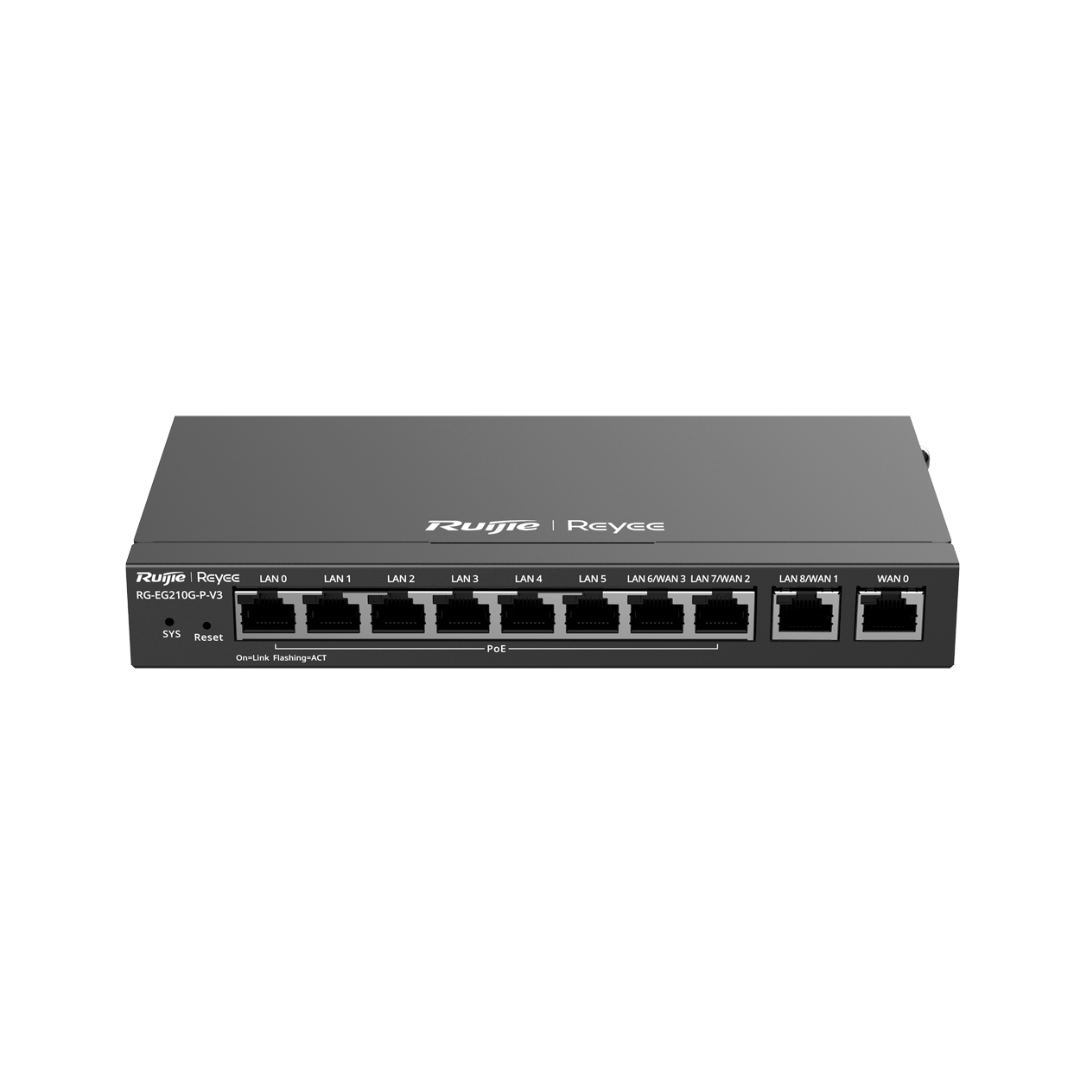 Controlador de cloud Reyee PoE Router com 8 portas PoE+ RJ45 GE + 2 portas RJ45 GE e 10 portas RJ45 10/100/1000 Mbps.
