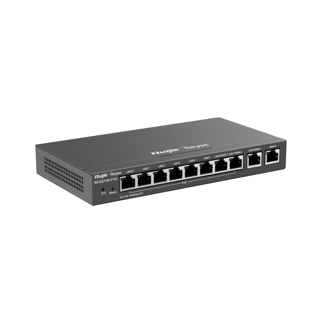 Controlador de cloud Reyee PoE Router com 8 portas PoE+ RJ45 GE + 2 portas RJ45 GE e 10 portas RJ45 10/100/1000 Mbps.
