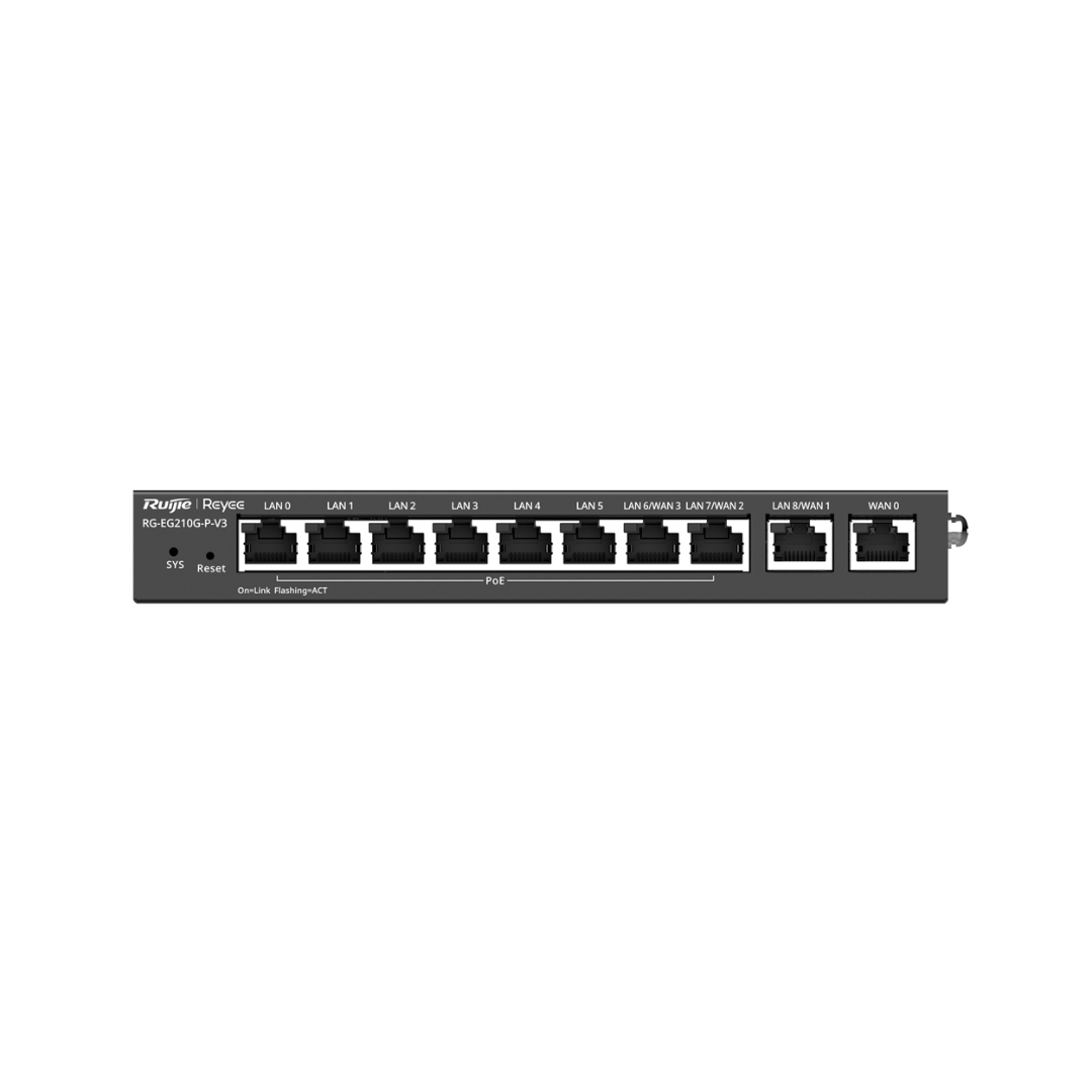 Controlador de cloud Reyee PoE Router com 8 portas PoE+ RJ45 GE + 2 portas RJ45 GE e 10 portas RJ45 10/100/1000 Mbps.