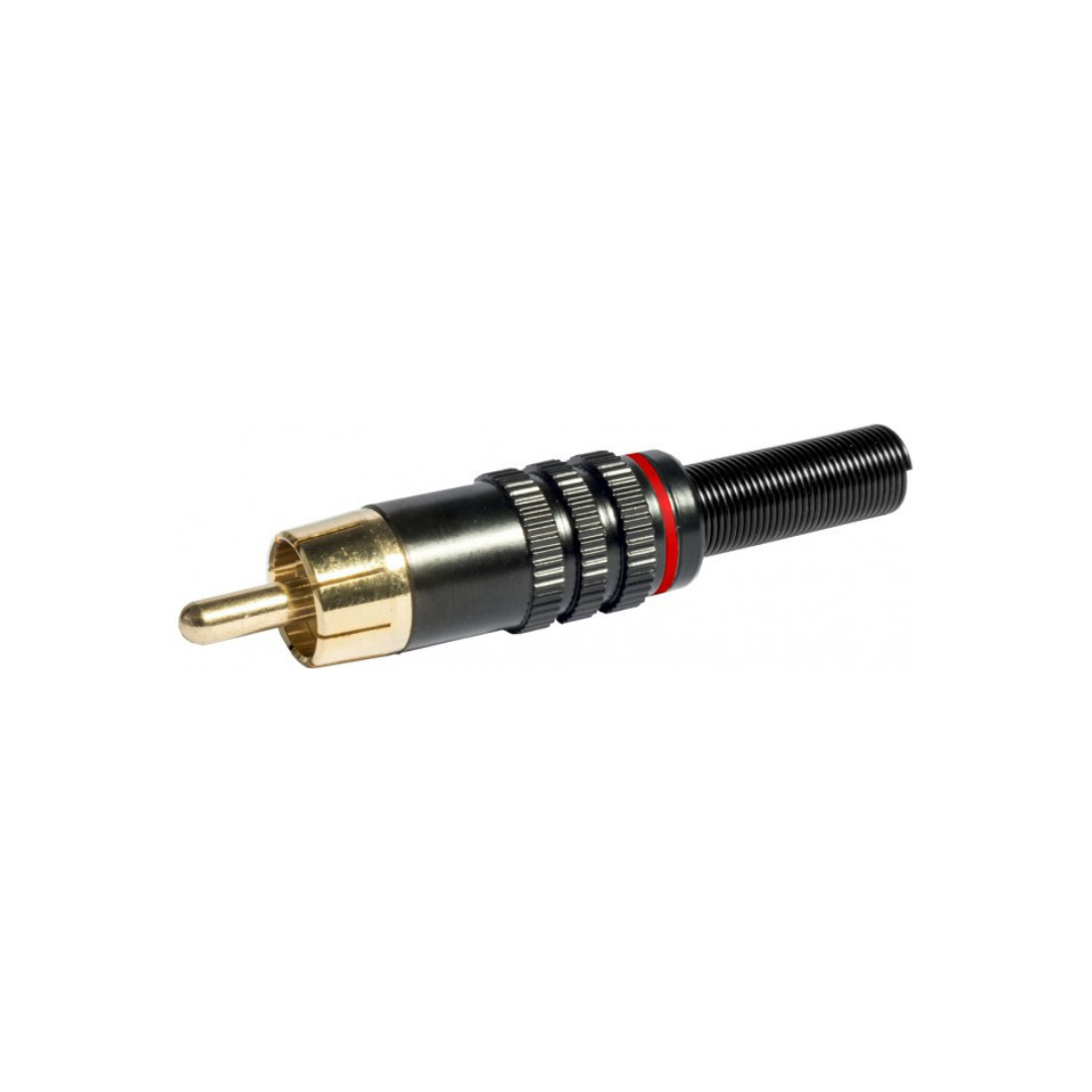 RCA MACHO DORADO, COLOR NEGRO, LINEA ROJA, CABLE 6mm