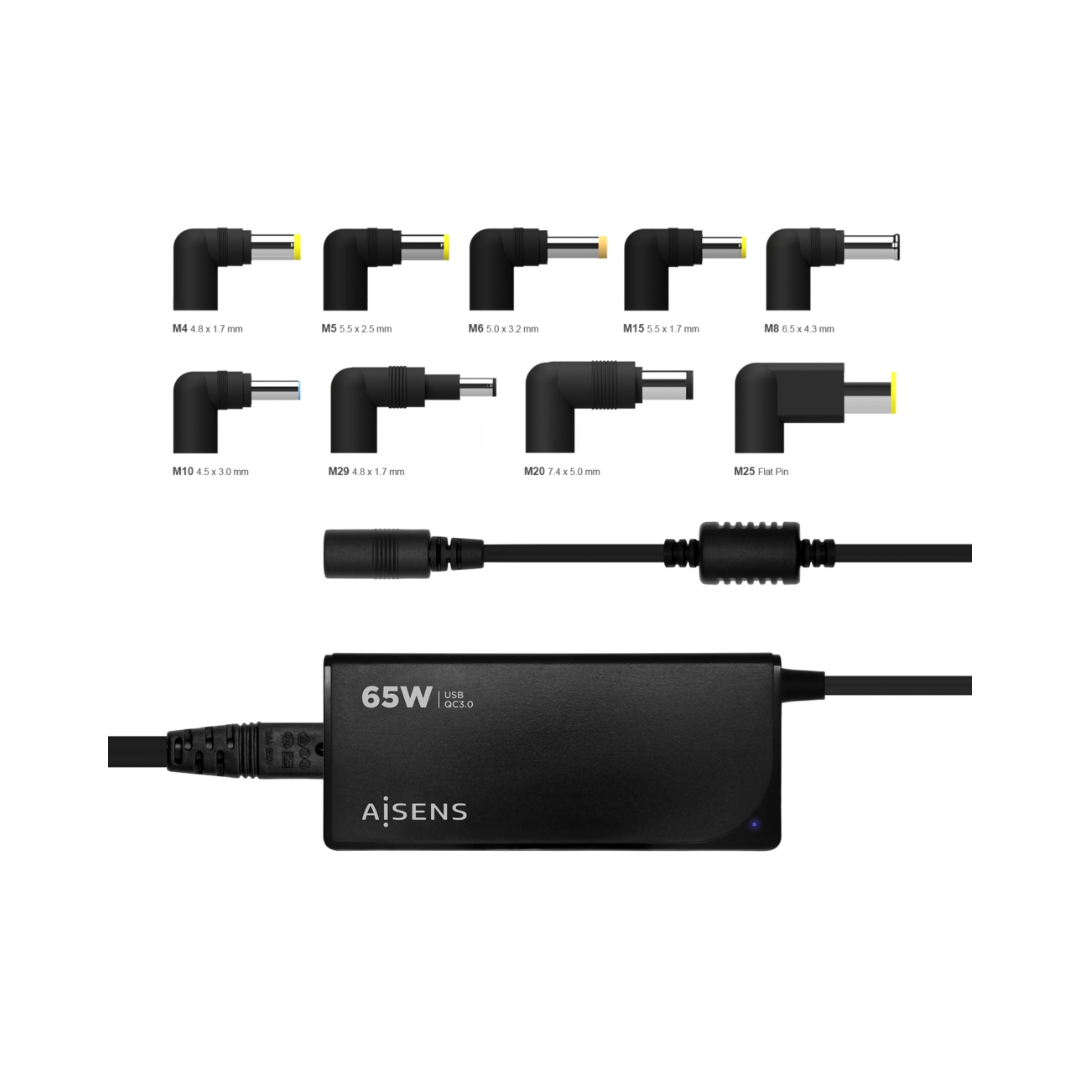 65W Universal Automatic Multi-Voltage Laptop Charger with 9 Connectors + USB-A QC 3.0