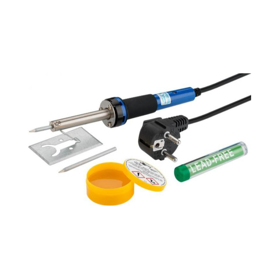 Ferro de soldar de 30 W, conjunto cinzento de cinco peças para trabalhos de precisão.