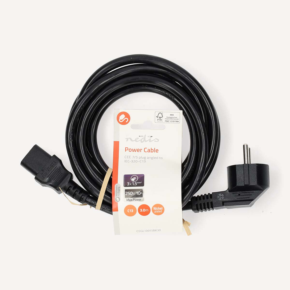 Cable Alimentación Macho | IEC-320-C13 | Angulado | Recto | Niquelado | Negro