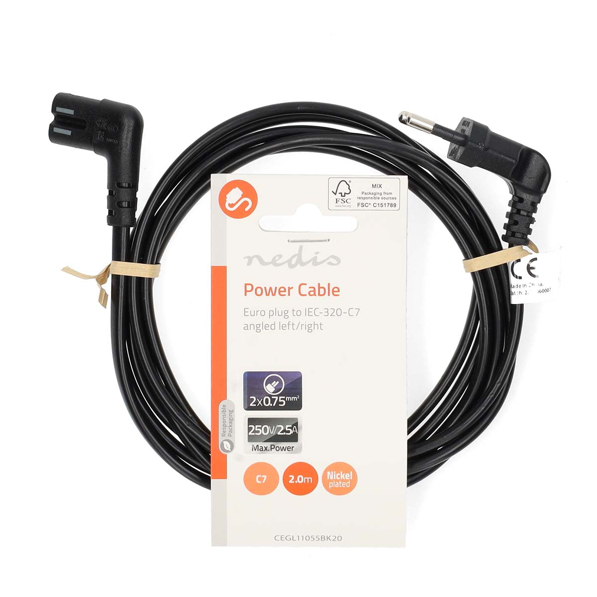 Cable de Alimentación Euro Masculino IEC-320-C7 Angulado 2 m Plano Negro