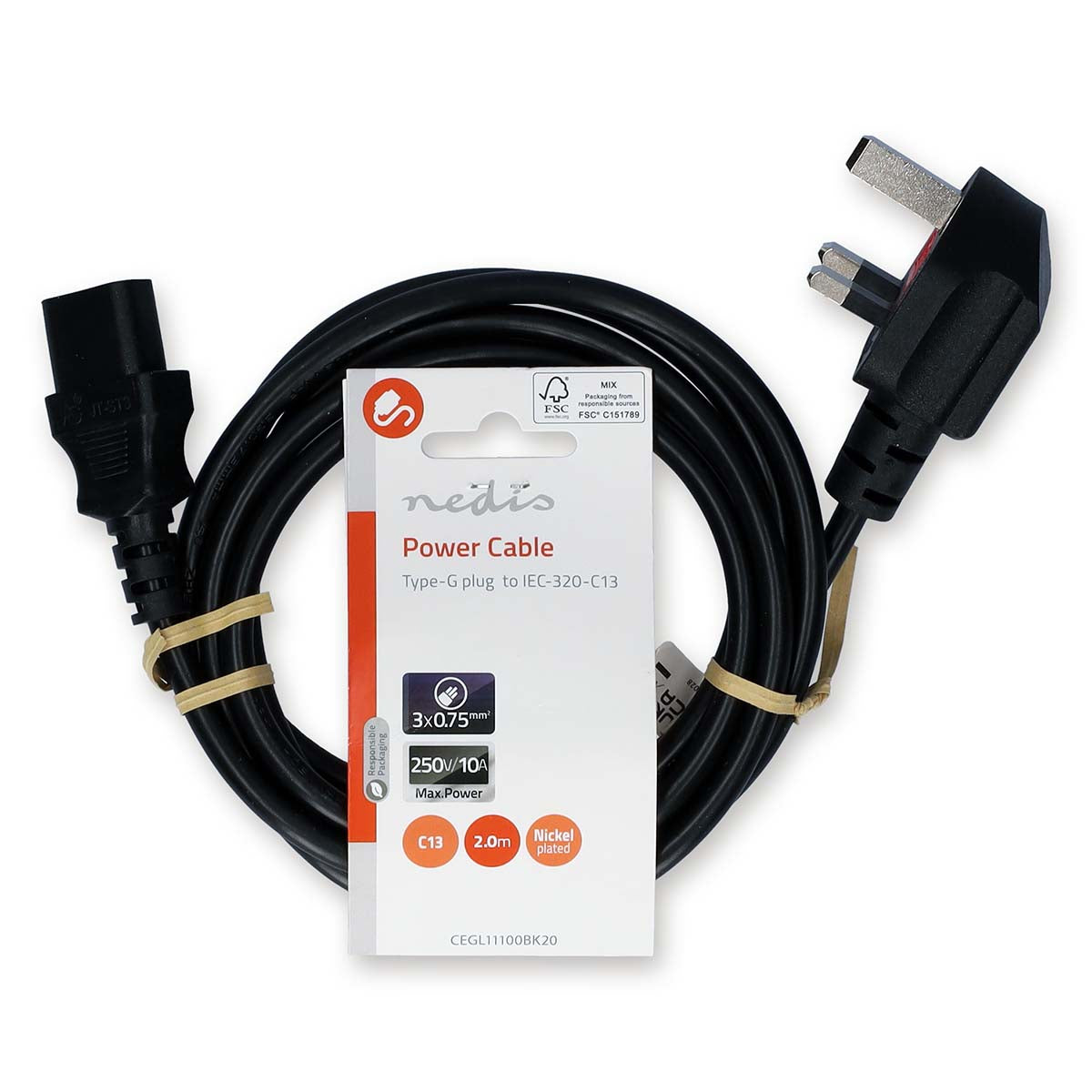 Cable de Alimentación Reino Unido Macho IEC-320-C13 Angulado Recto Negro