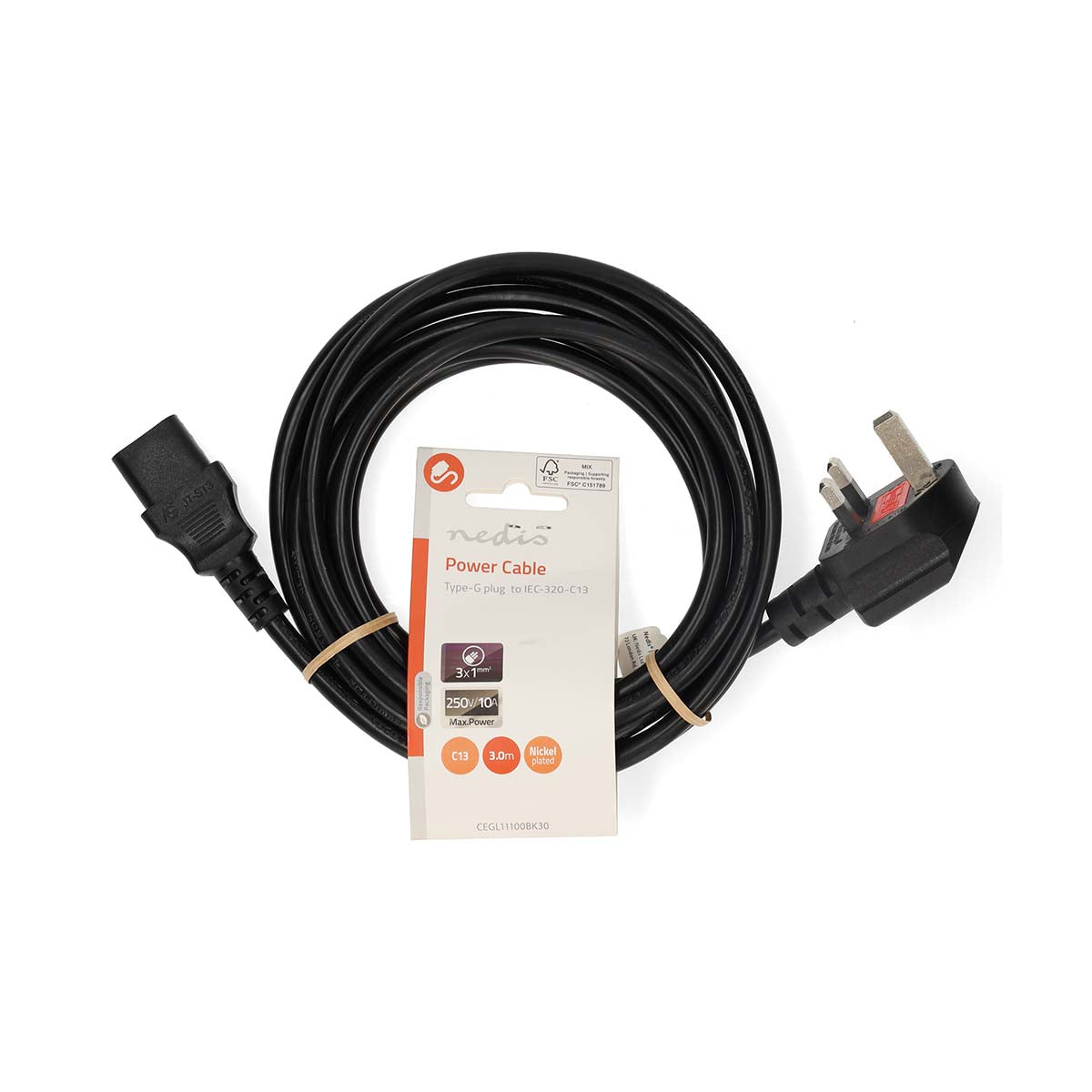 Cable de Alimentación Reino Unido Macho IEC-320-C13 Angulado Recto Negro