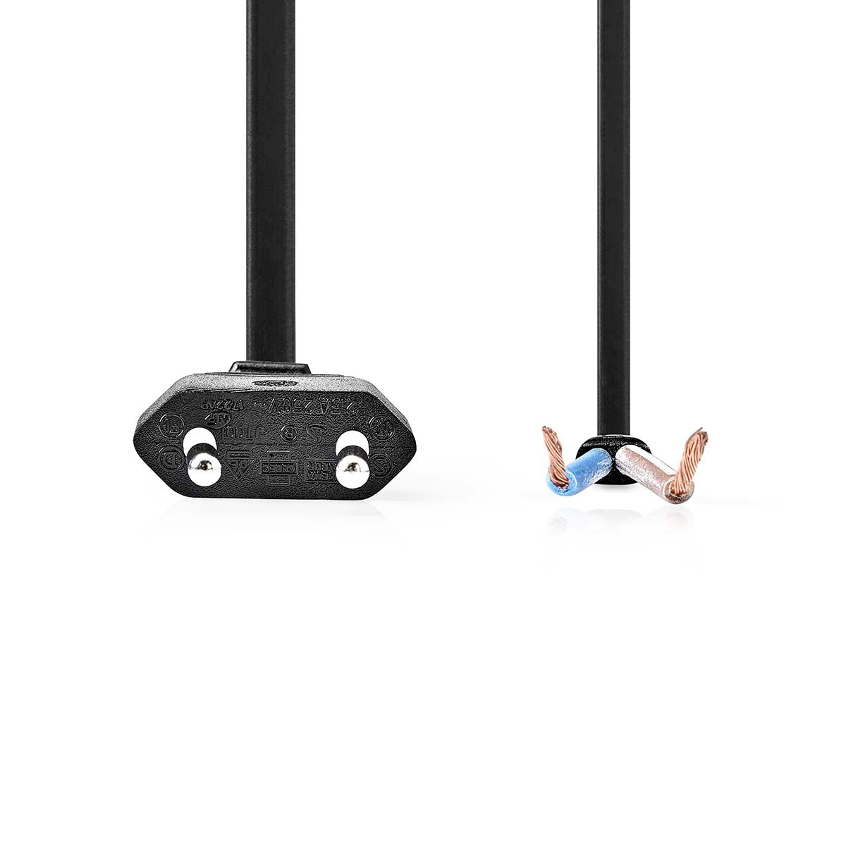 Cable Alimentación Euro Masculino | Open | Recto | Recto | Niquelado | 2.00 m | Plano | PVC | Negro