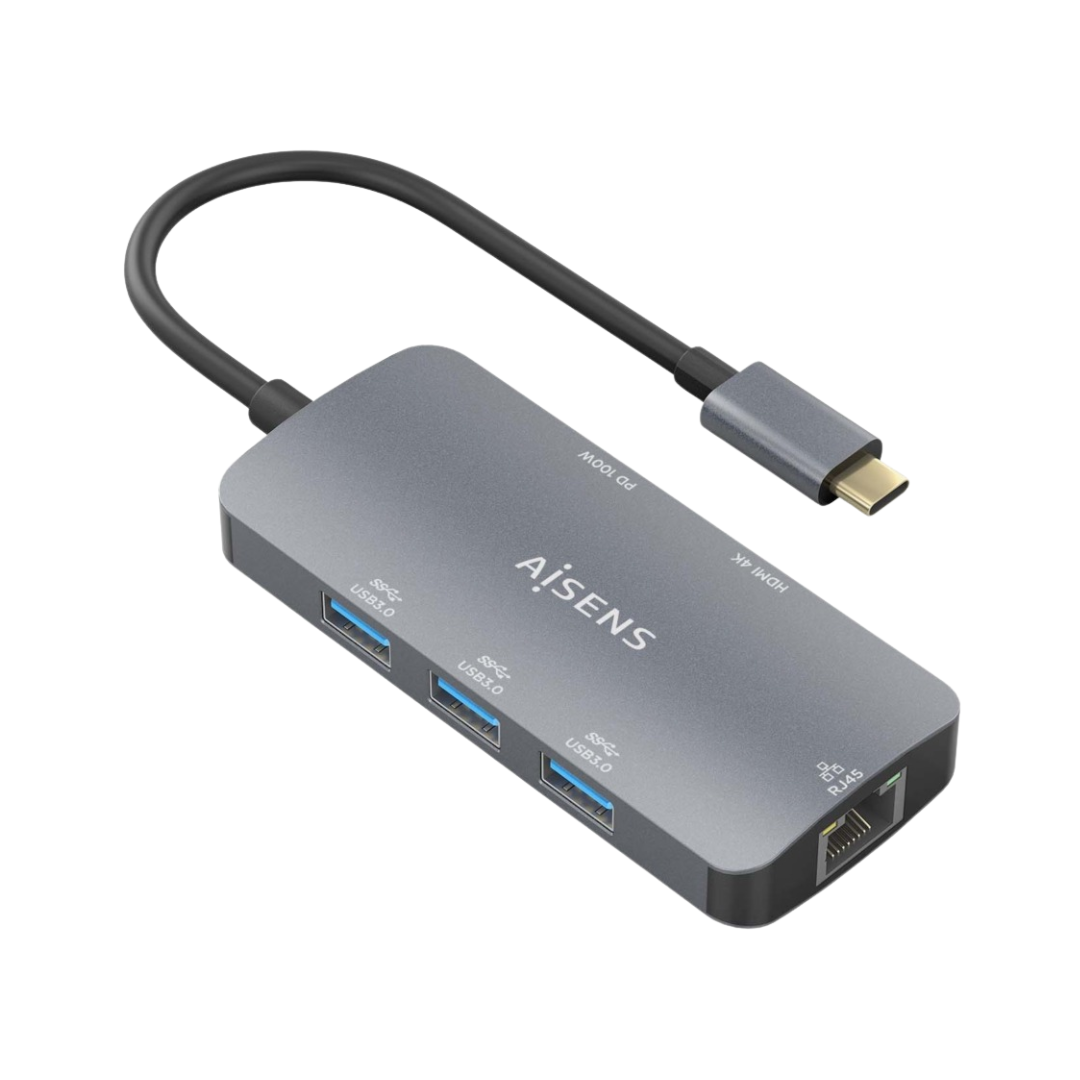 Dock USB-C 6 em 1, HDMI, RJ45, 3x USB-A, USB-C PD 100W, Cinza, 15cm