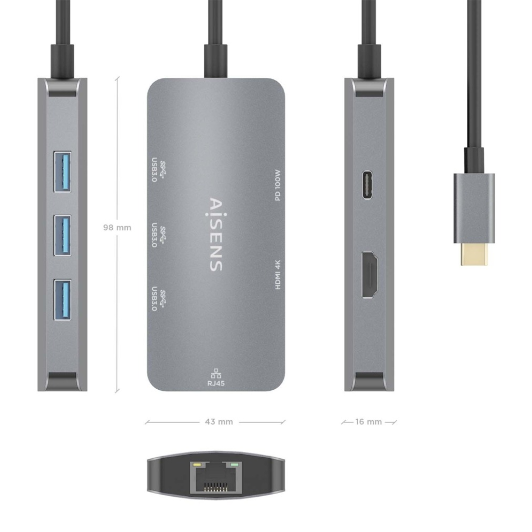 Dock USB-C 6 em 1, HDMI, RJ45, 3x USB-A, USB-C PD 100W, Cinza, 15cm