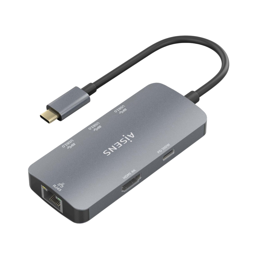 Dock USB-C 6 em 1, HDMI, RJ45, 3x USB-A, USB-C PD 100W, Cinza, 15cm