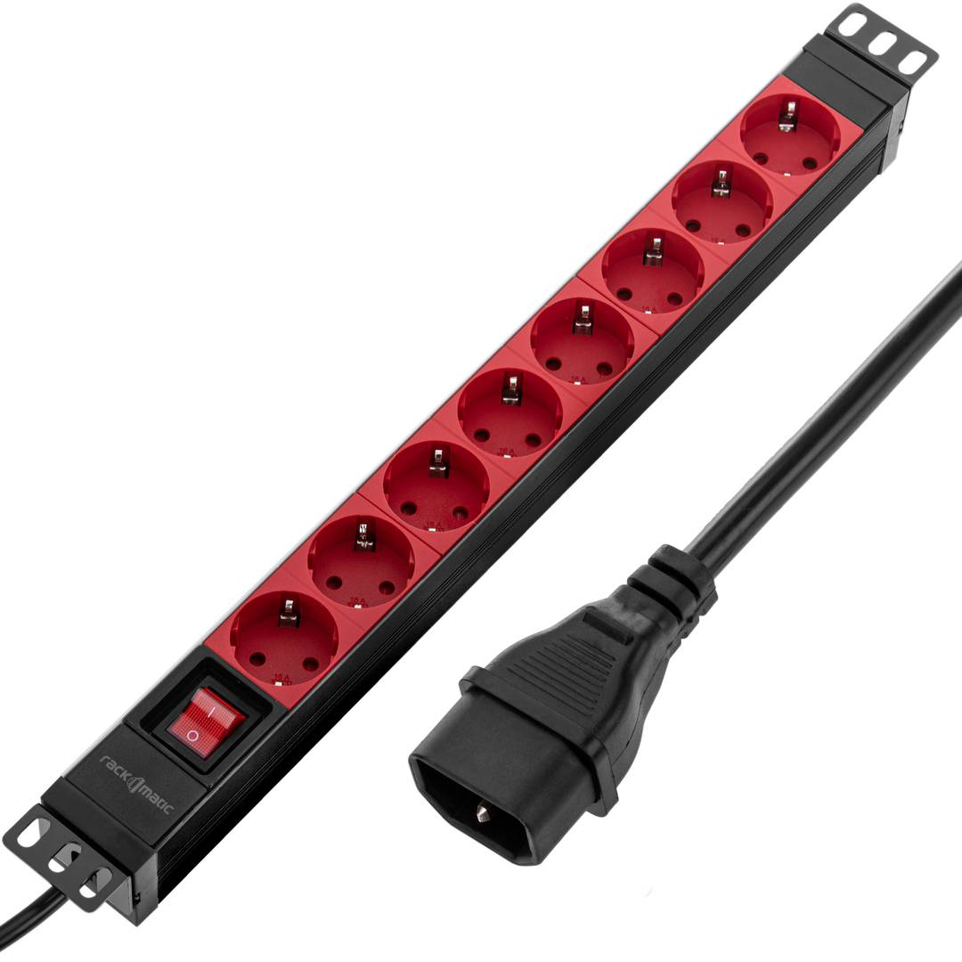 PVC power strip for 19" 1U rack cabinet with 8 Schuko sockets, black housing, switch and C14 connector