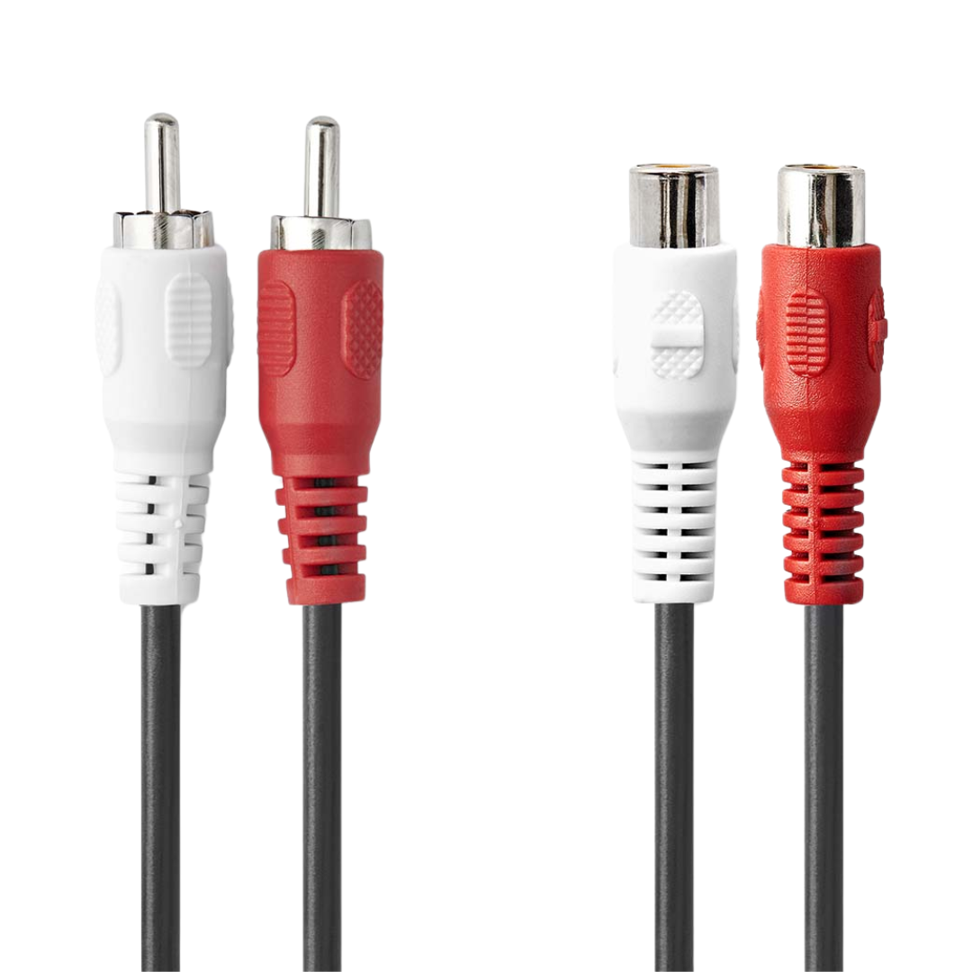 Cabo de áudio estéreo com 2 conectores RCA macho e 2 conectores RCA fêmea.