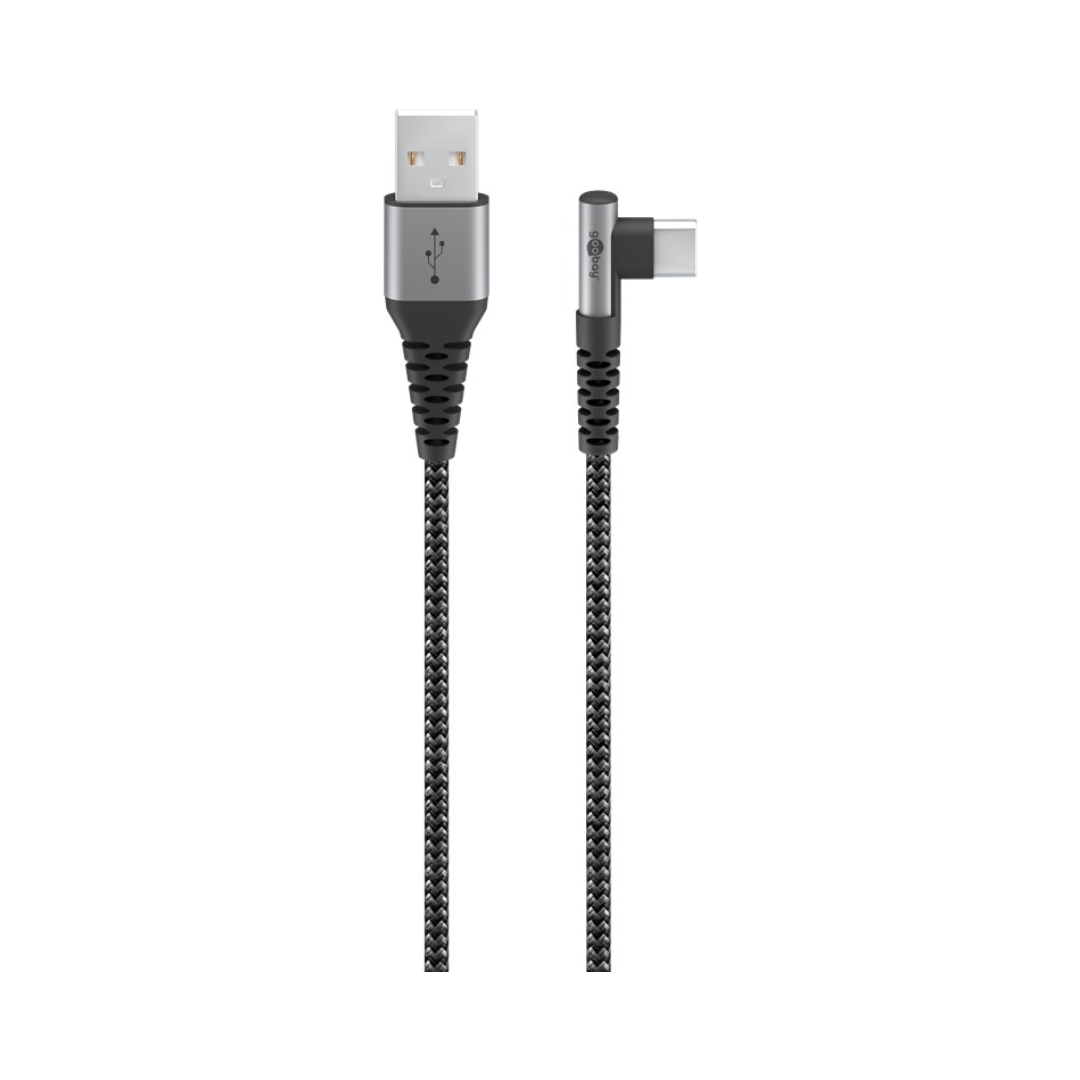 Cable textil USB-C™ a USB-A con conectores metálicos (gris espacial/plateado), 90°, 2 m