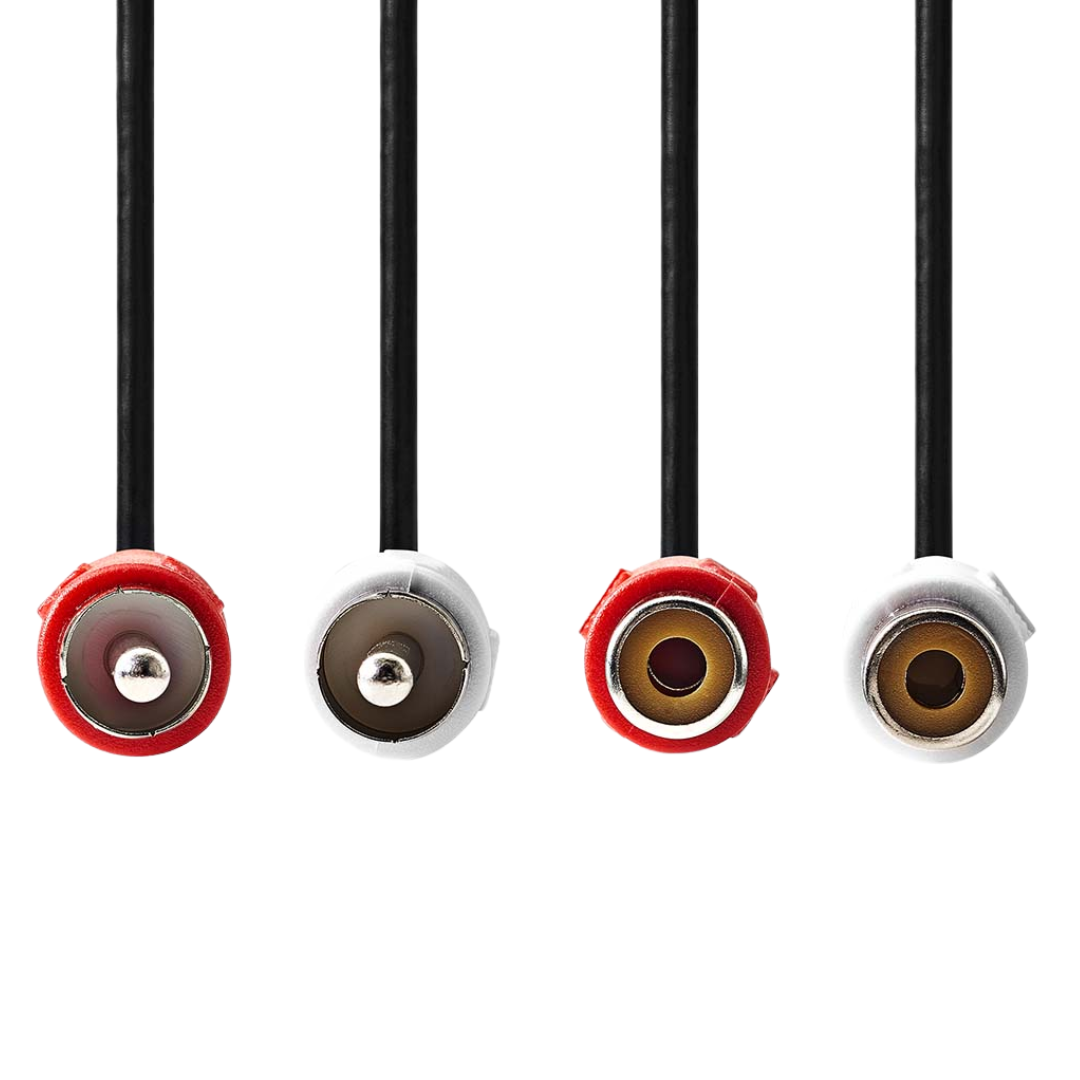 Cabo de áudio estéreo com 2 conectores RCA macho e 2 conectores RCA fêmea.