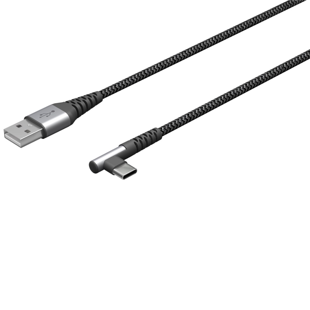 Cable textil USB-C™ a USB-A con conectores metálicos (gris espacial/plateado), 90°, 2 m