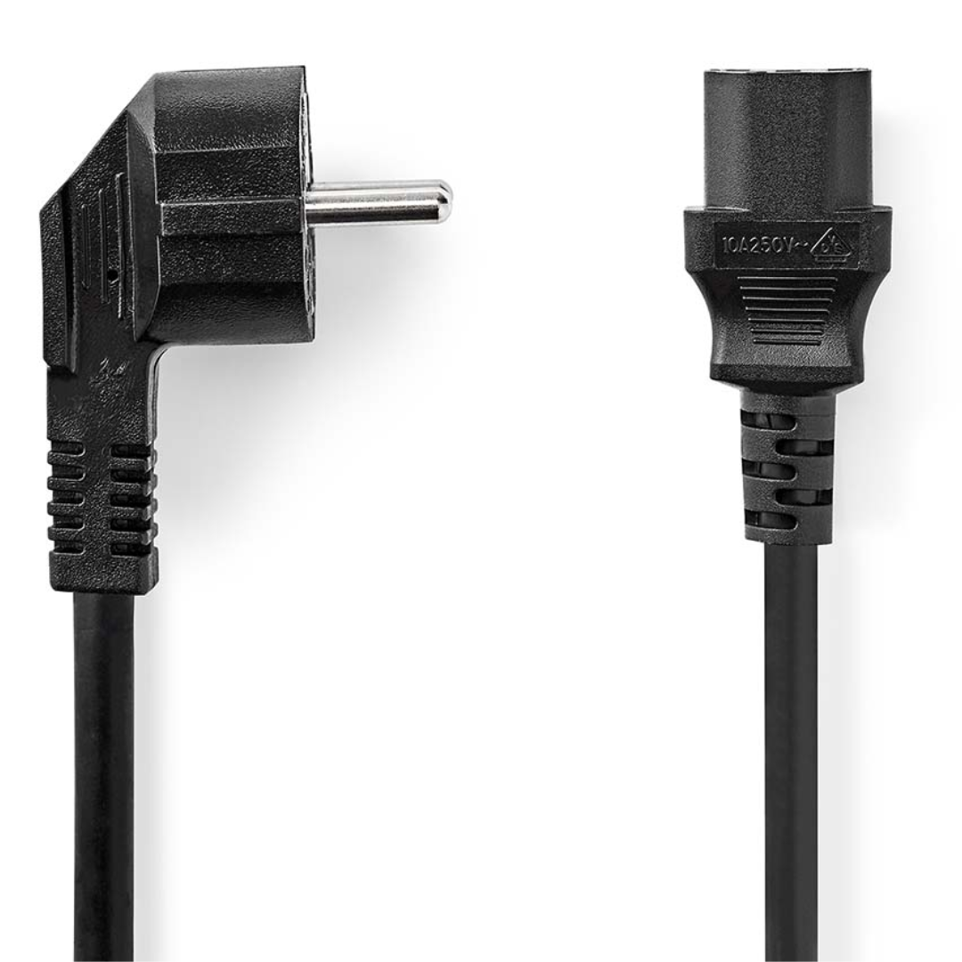Male Power Connector | IEC-320-C13 | Angled | Straight | Nickel plated | 2.00m | Round | PVC | Black