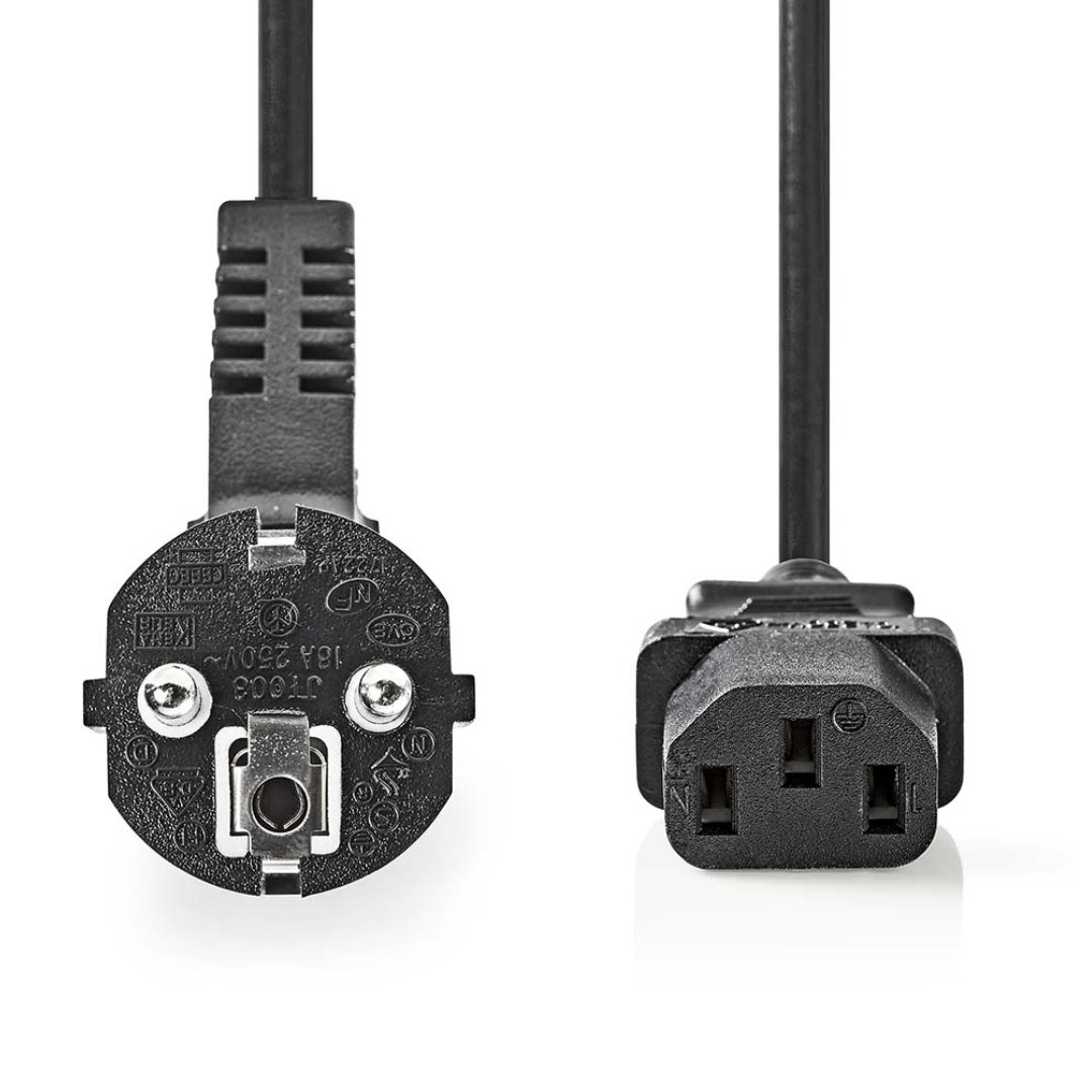 Male Power Connector | IEC-320-C13 | Angled | Straight | Nickel plated | 2.00m | Round | PVC | Black