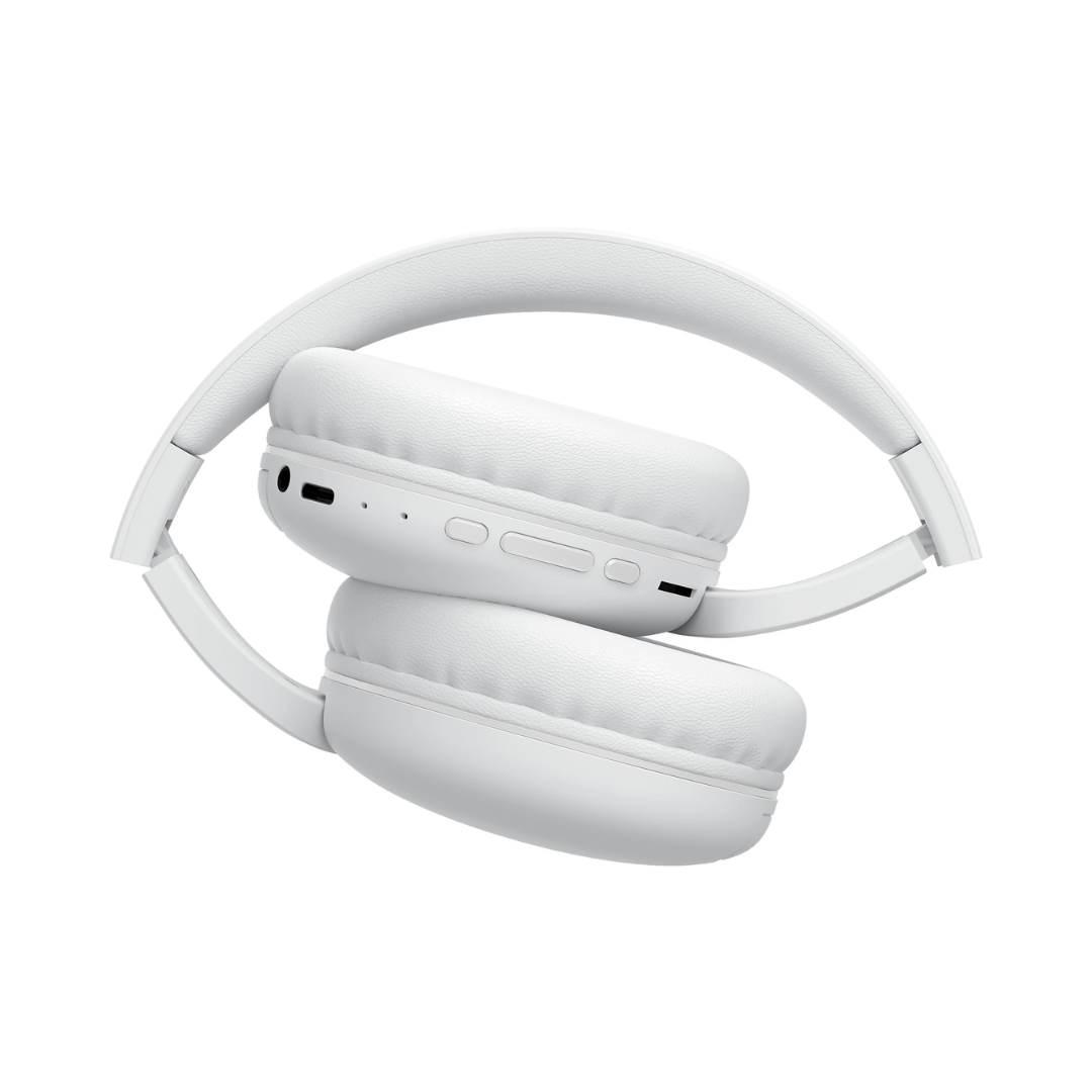 Auriculares Bluetooth multifuncionais e dobráveis, brancos.