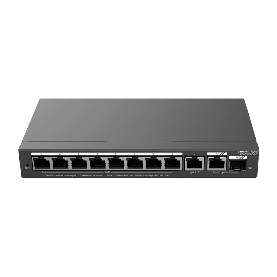 Switch PoE gerenciável na nuvem Reyee de 8 portas + 2 portas de uplink RJ45 + 1 porta combinada SFP. Velocidade: 10/100/1000 Mbps, 30 W por porta.