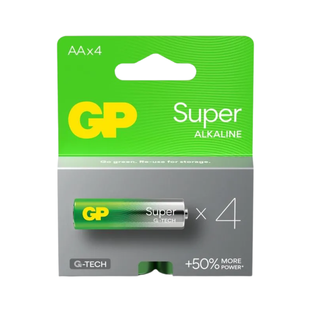 Pilhas alcalinas GP Super Model 1,5V AA. Embalagem blister com 4 unidades.