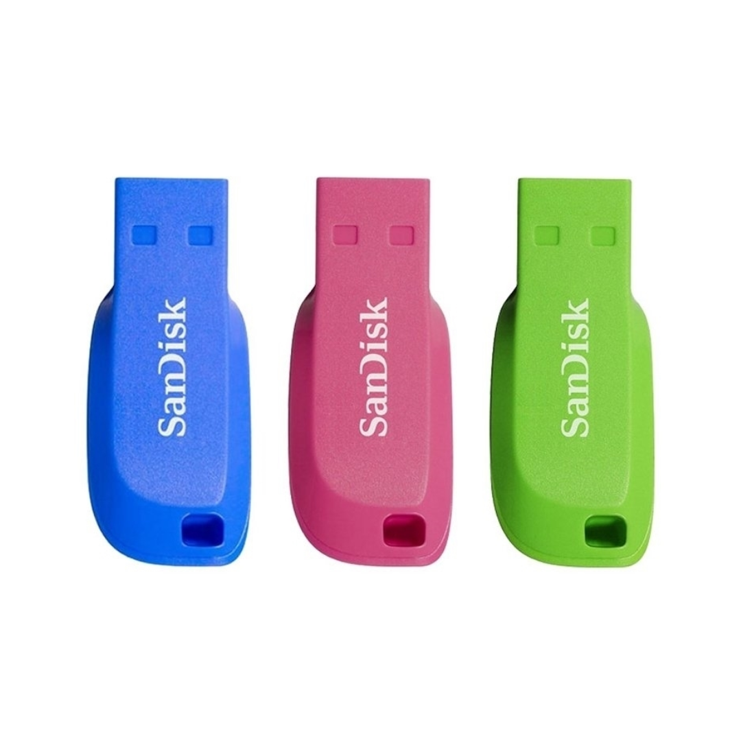 Pack de 3 pendrives Sandisk Cruzer Blade de 32 GB - USB 2.0 nas cores azul, rosa e verde.