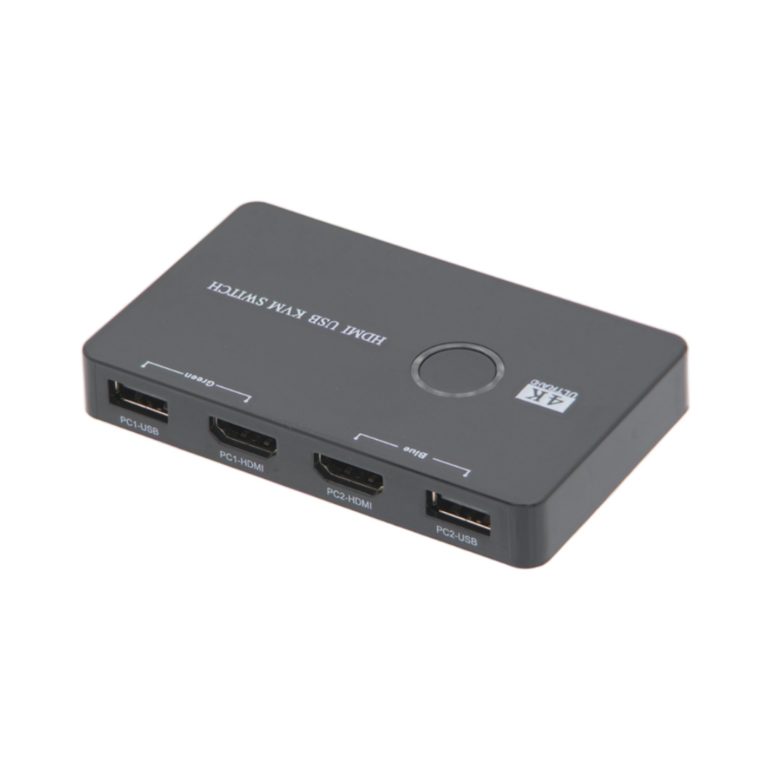 KVM HDMI 2.0 (4K@60Hz) + USB to switch between 2 PCs with the same mouse and keyboard.