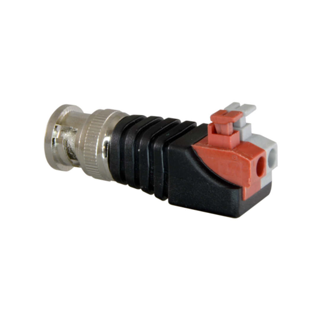 Conector BNC macho com saída de 2 terminais +/-. Conectores