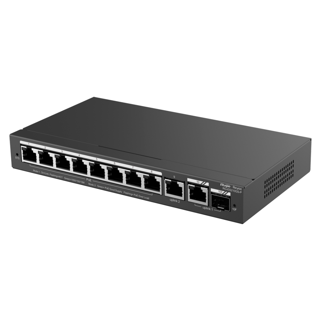Switch PoE gerenciável na nuvem Reyee de 8 portas + 2 portas de uplink RJ45 + 1 porta combinada SFP. Velocidade: 10/100/1000 Mbps, 30 W por porta.