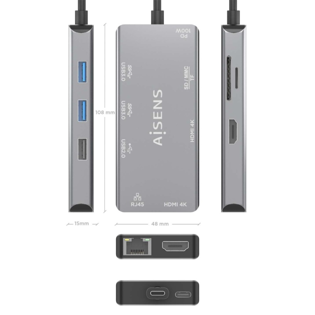 Base USB-C 9 em 1, 2x HDMI, RJ45, 3x USB-A, 1x Leitor USB-C PD, Cinza, 15cm
